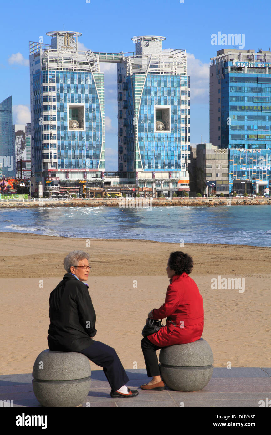 Südkorea, Busan, Gwangalli Strand, Skyline, Stockfoto