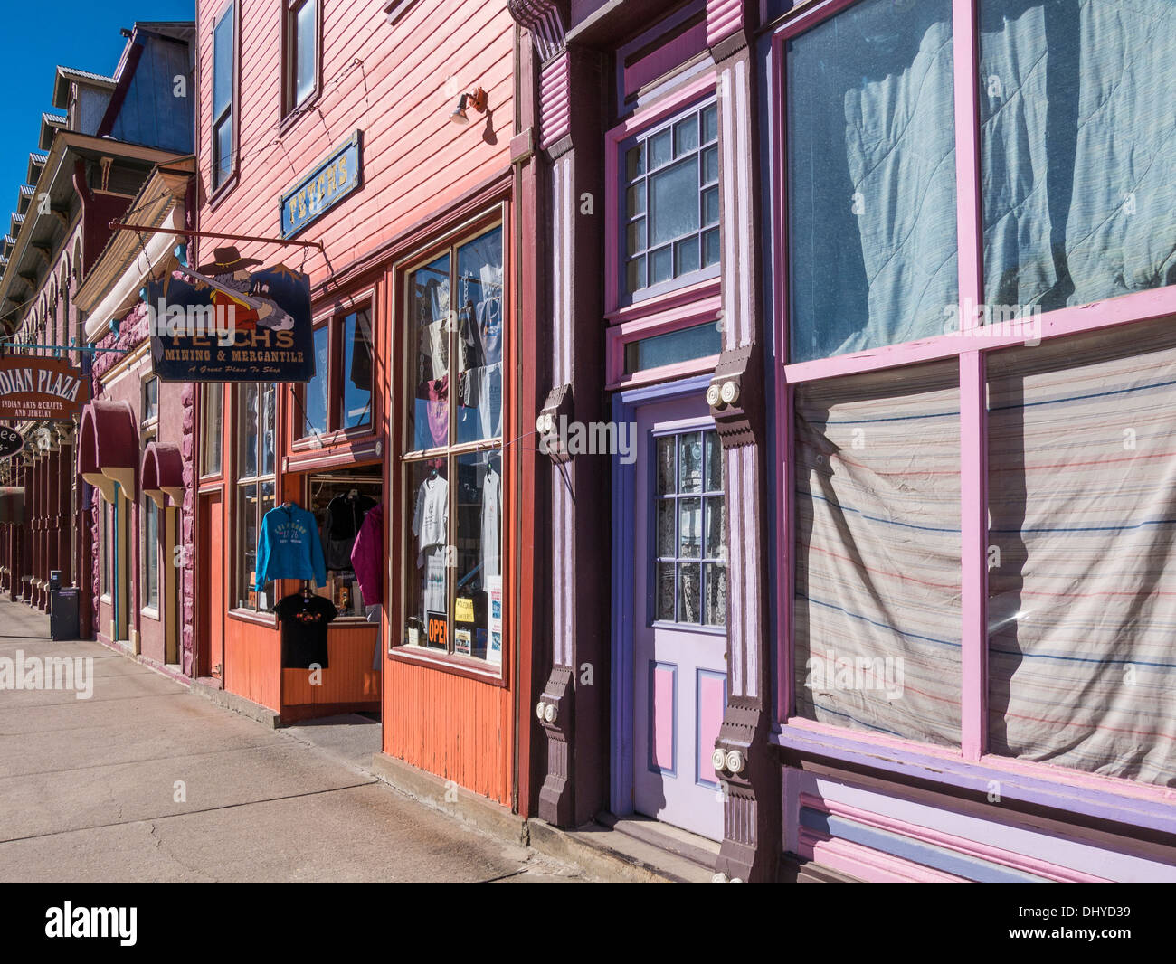 Die Geschäfte entlang der Greene Street, Downtown Silverton, Colorado. Stockfoto