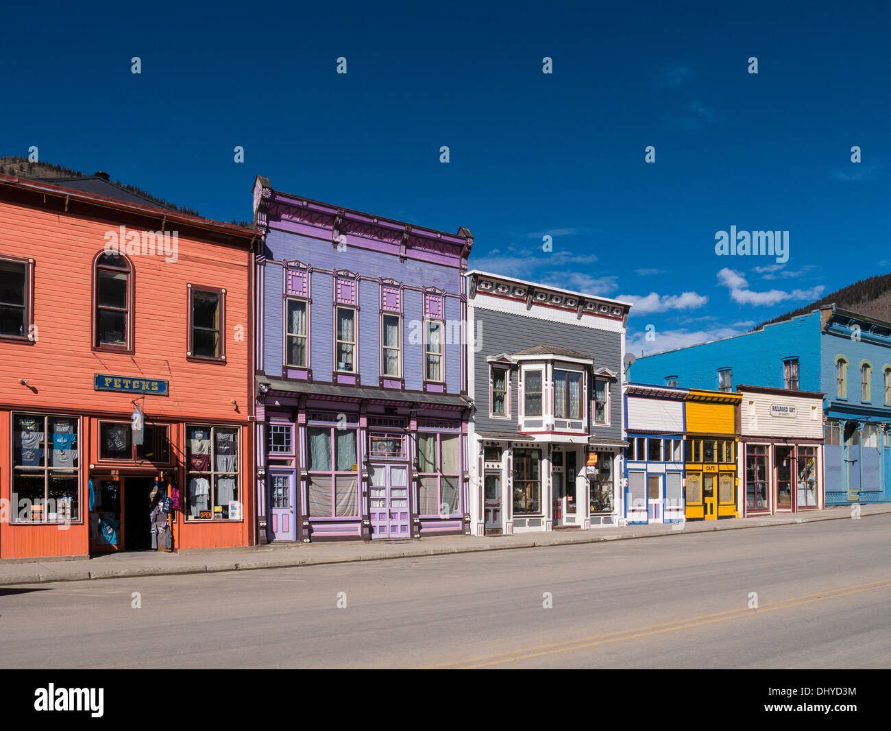 Die Geschäfte entlang der Greene Street, Downtown Silverton, Colorado. Stockfoto