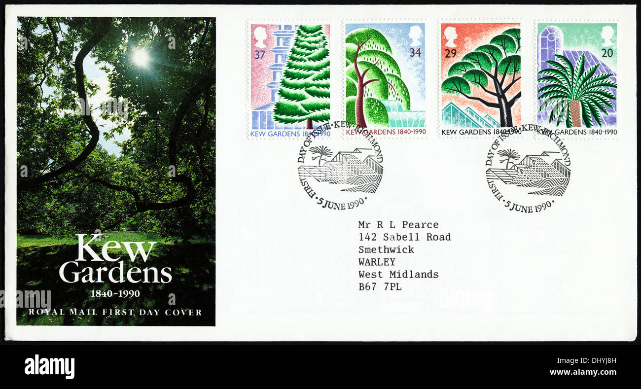 Festschrift Royal Mail 20p 29 p 34p & 37p Briefmarke Ersttagsbrief für Kew Gardens 1840-1990 Ausgabe Sonderstempel Kew Richmond 5. Juni 1990 Stockfoto