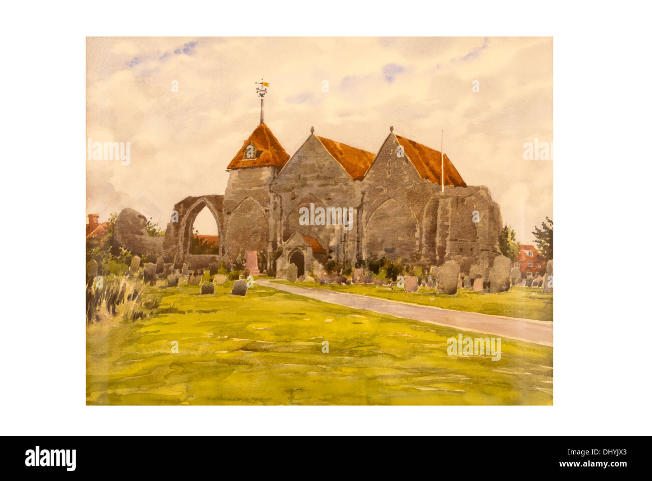 Aquarell-Malerei der Pfarrkirche des Hl. Thomas Märtyrer Winchelsea East Sussex England Stockfoto