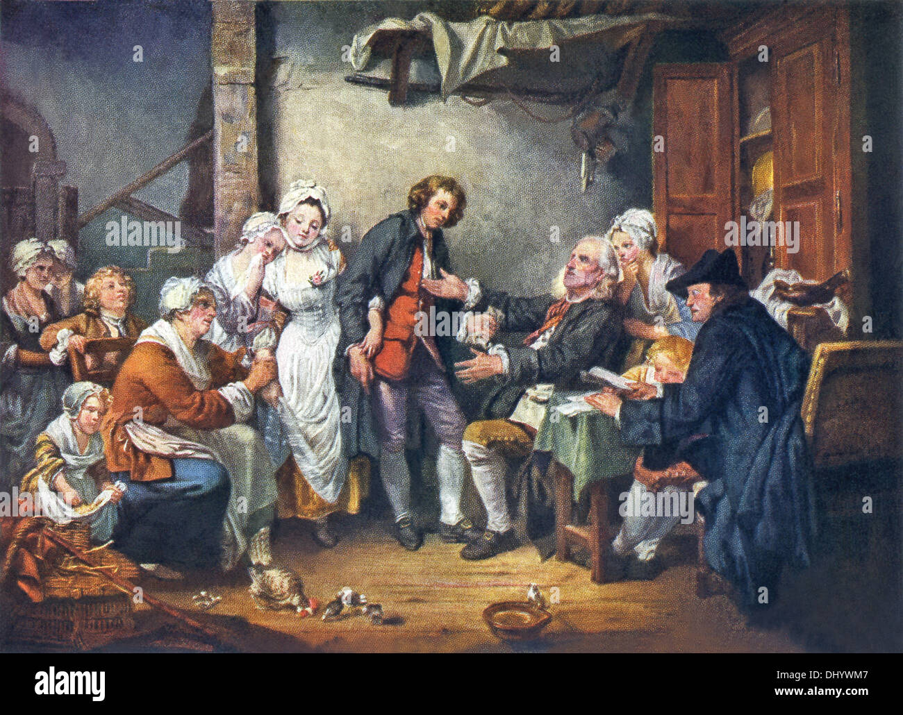 Diese Malerei, mit dem Titel "A Father Übergabe des Ehe-Teils seiner Tochter," dann ist "The Dorf Braut," von Greuze. Stockfoto