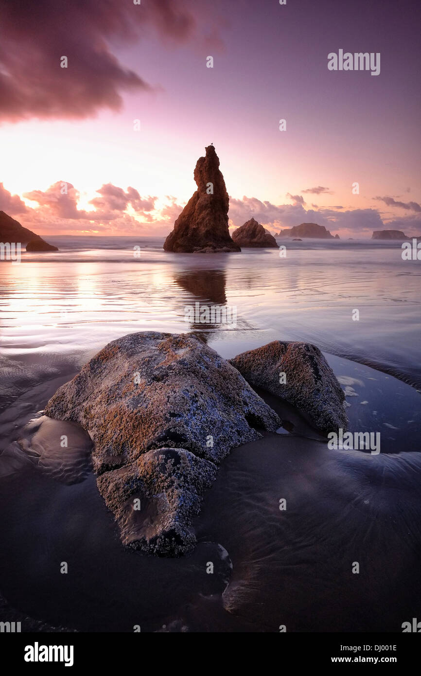 Felsformationen am Strand Bandon, Oregon Küste bei Sonnenuntergang Stockfoto