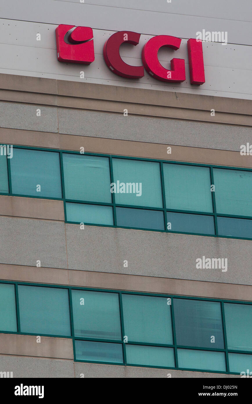 Signage außerhalb eines Bürogebäudes, die durch das CGI-Gruppe besetzt. Eine Tochtergesellschaft der CGI-Gruppe, CGI-Bundes-, serviert auf der Lead Auftragnehmer auf der unruhigen Heathcare.gov website Stockfoto
