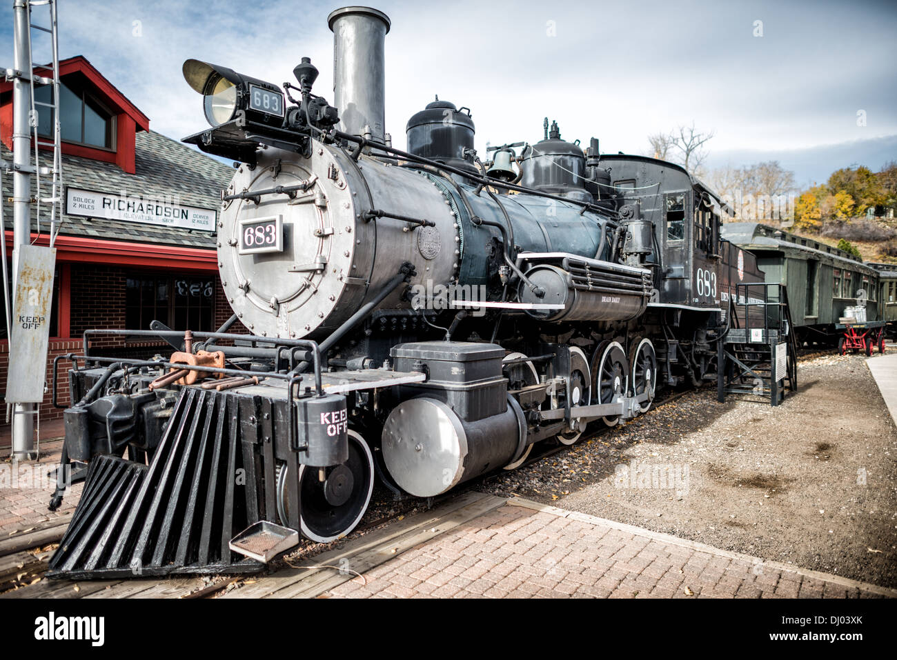 GOLDEN, Colorado - Eine historische Dampfeisenbahn auf dem Colorado Railroad Museum in Golden, Colorado. Stockfoto