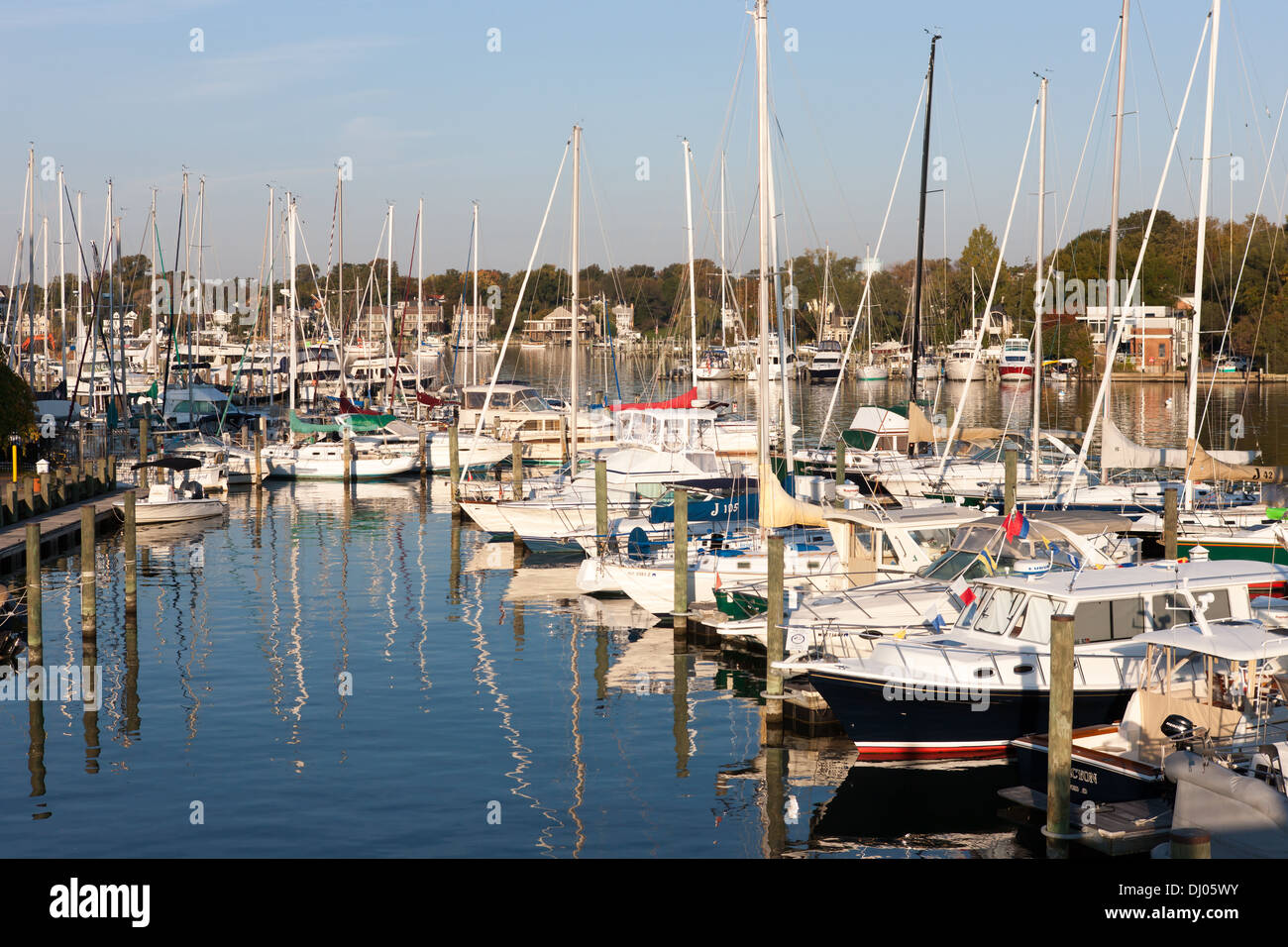 Segelboote und anderen Sportbooten angedockt an der Annapolis Yacht Club auf Spa ß in Annapolis, Maryland. Stockfoto