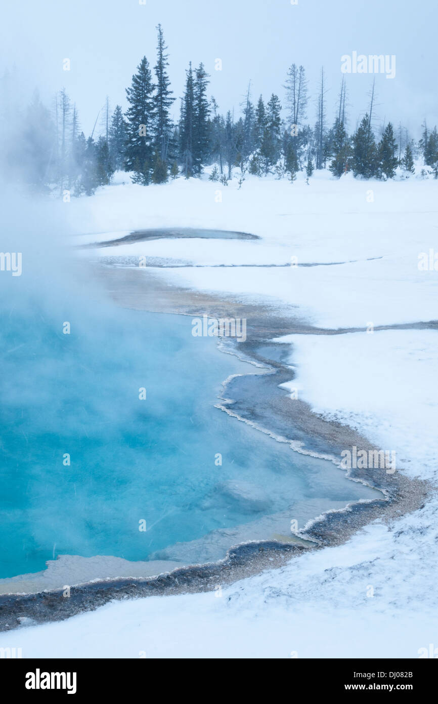 Dampfende Mineral-Pool während eines Schneesturms im Yellowstone-Nationalpark, Wyoming, USA Stockfoto