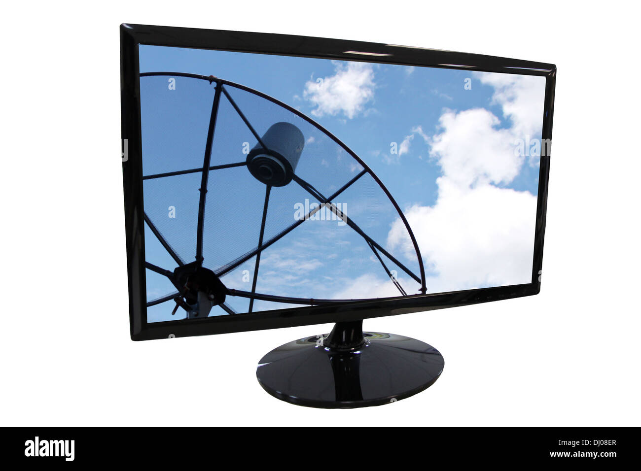 Frame LED Computer und Satelliten-Schüssel-Bildschirm auf weißem Hintergrund. Stockfoto