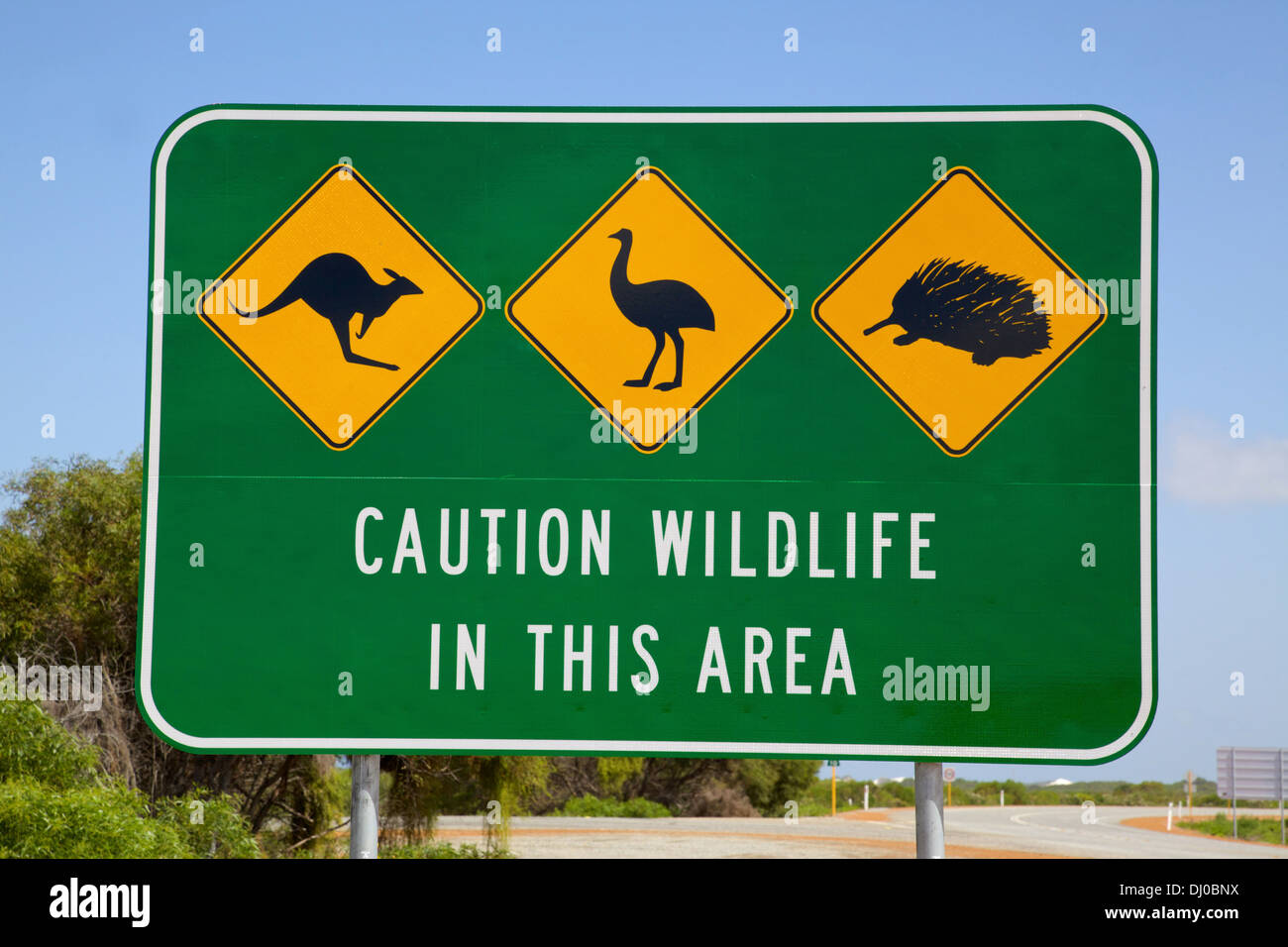 Eine australische Tierwelt Zeichen Darstellung ein Känguru, emu und ein Ameisenigel, am Indischen Ozean Wegesrand in Western Australia. Stockfoto
