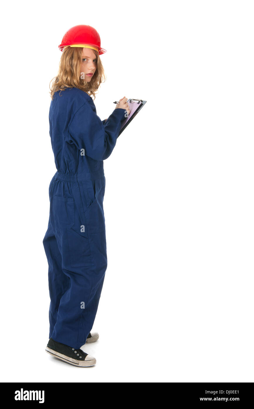 Junge Frau mit blauen overall und Zwischenablage Stockfoto