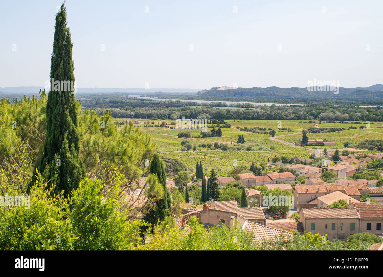 Blick vom Chateauneuf du Pape über Weinberge in Richtung ins Rhonetal, Frankreich, Europa Stockfoto