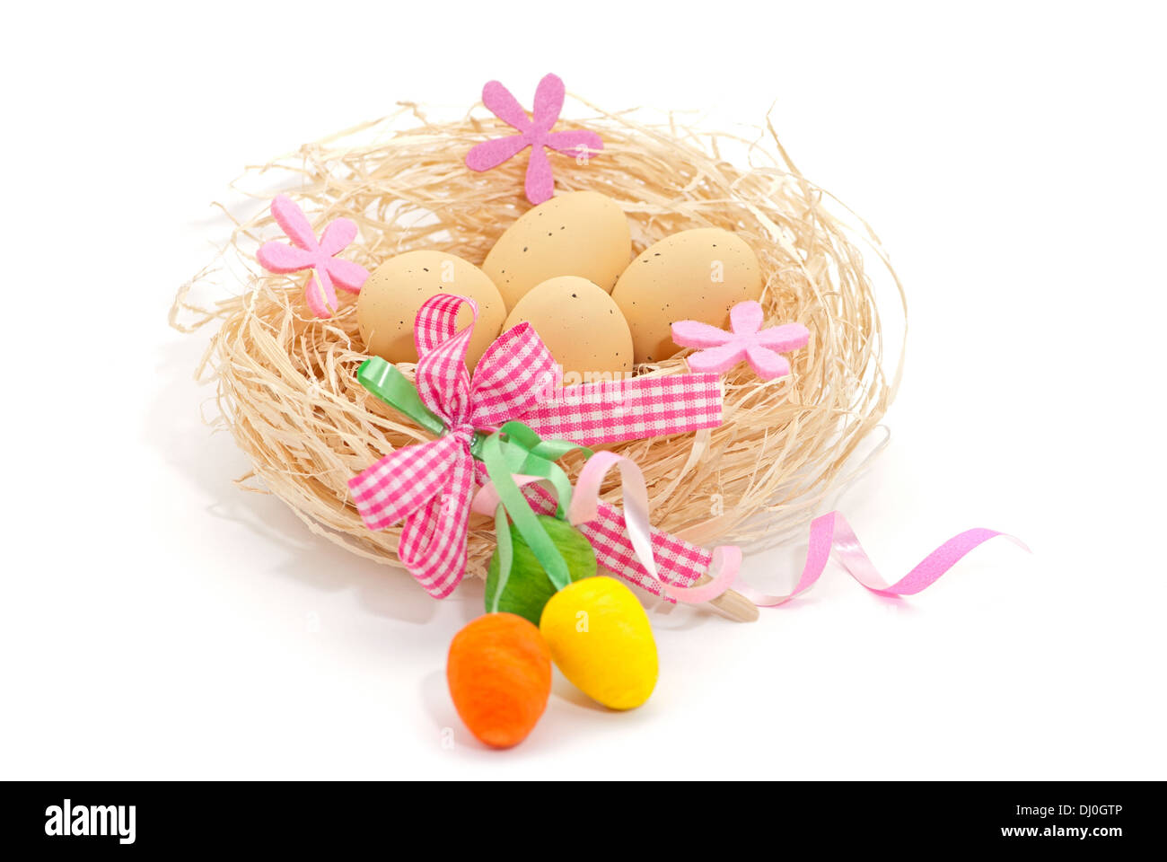 Ostern Grußkarte mit Eiern im nest Stockfoto
