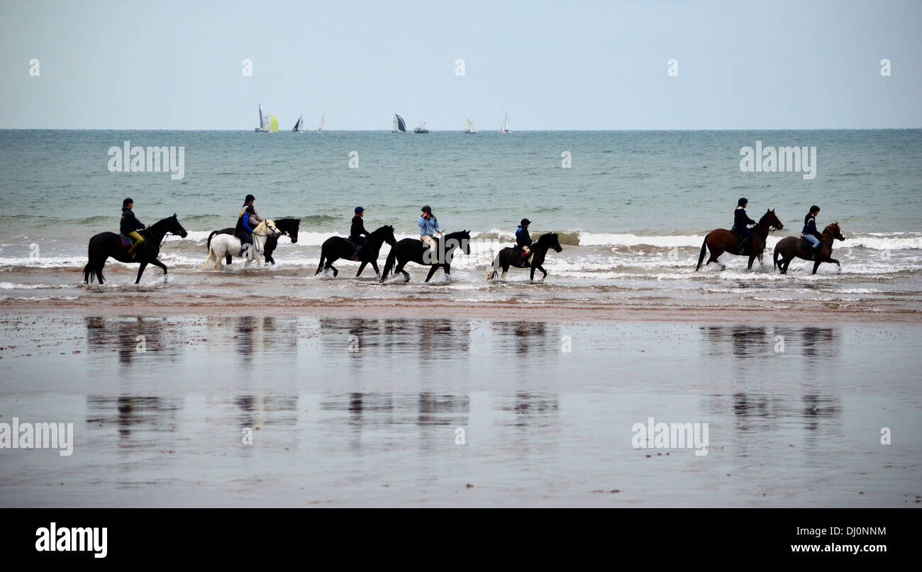 Pferd und Reiter Gruppe waten im Meer in Paignton, Torbay, Devon, England, Vereinigtes Königreich Stockfoto