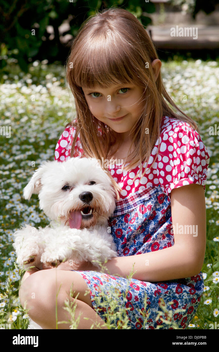 kleines Mädchen mit Hund auf einer Wiese Stockfoto