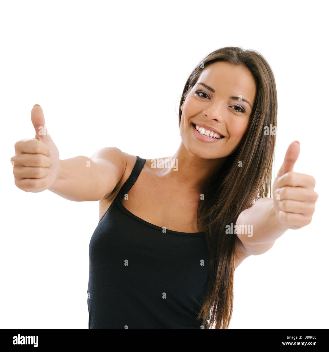 Foto einer begeistert junge Frau tun die beiden Daumen hoch Geste auf weißem Hintergrund. Stockfoto