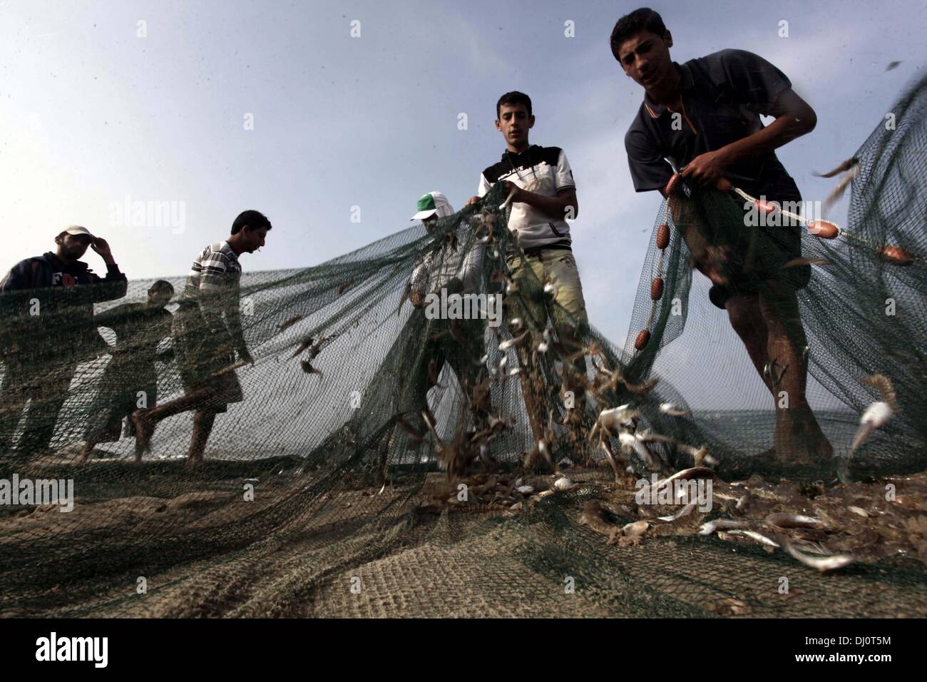 18. November 2013 - Gaza-Stadt, Gazastreifen, Palästina - palästinensische Fischer sammeln Fische aus ihrem Netz am Strand von Gaza-Stadt, am 18. November 2013. Israel beschränkt die Fischereizone auf drei Seemeilen nach der Entführung des israelischen Soldaten Gilad Shalit im Jahr 2007. Die Oslo-Abkommen 1993 mit der palästinensischen Autonomiebehörde unterzeichneten besagen, dass Gaza s Fischereizone auf 20 Seemeilen auszudehnen. Die Zone wurde dann erweitert auf sechs Seemeilen als Bestandteil der ägyptischen vermittelten Waffenstillstand im November 2012, aber Israel zeitweise reduzieren auf drei Seemeilen jedes tim Stockfoto