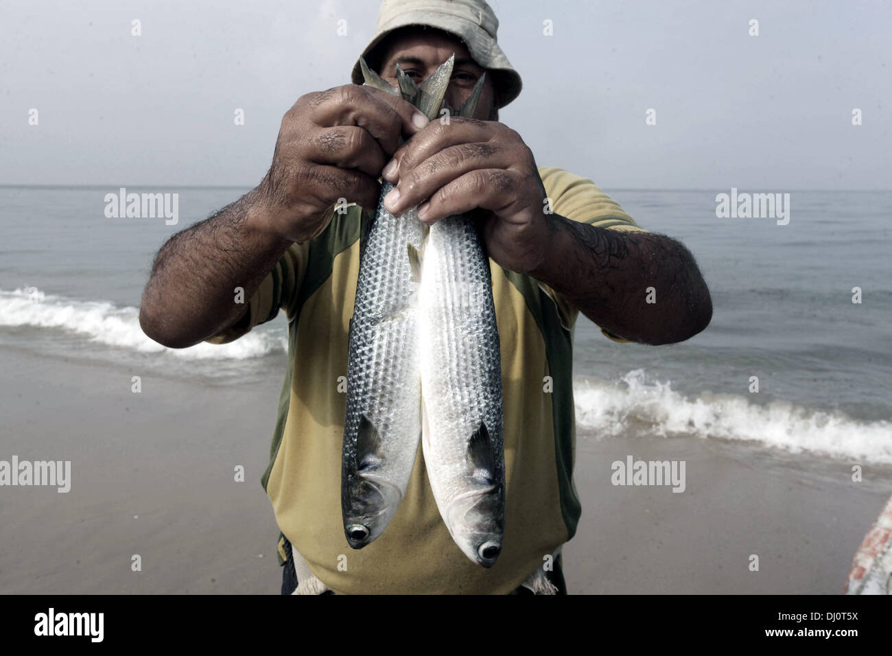 18. November 2013 - Gaza-Stadt, Gazastreifen, Palästina - zeigt ein palästinensischen Fischer Fische nach einem Angelausflug am Strand von Gaza-Stadt, am 18. November 2013. Israel beschränkt die Fischereizone auf drei Seemeilen nach der Entführung des israelischen Soldaten Gilad Shalit im Jahr 2007. Die Oslo-Abkommen 1993 mit der palästinensischen Autonomiebehörde unterzeichneten besagen, dass Gaza s Fischereizone auf 20 Seemeilen auszudehnen. Die Zone wurde dann erweitert auf sechs Seemeilen als Bestandteil der ägyptischen vermittelten Waffenstillstand im November 2012, aber Israel zeitweise auf drei Seemeilen reduzieren Stockfoto