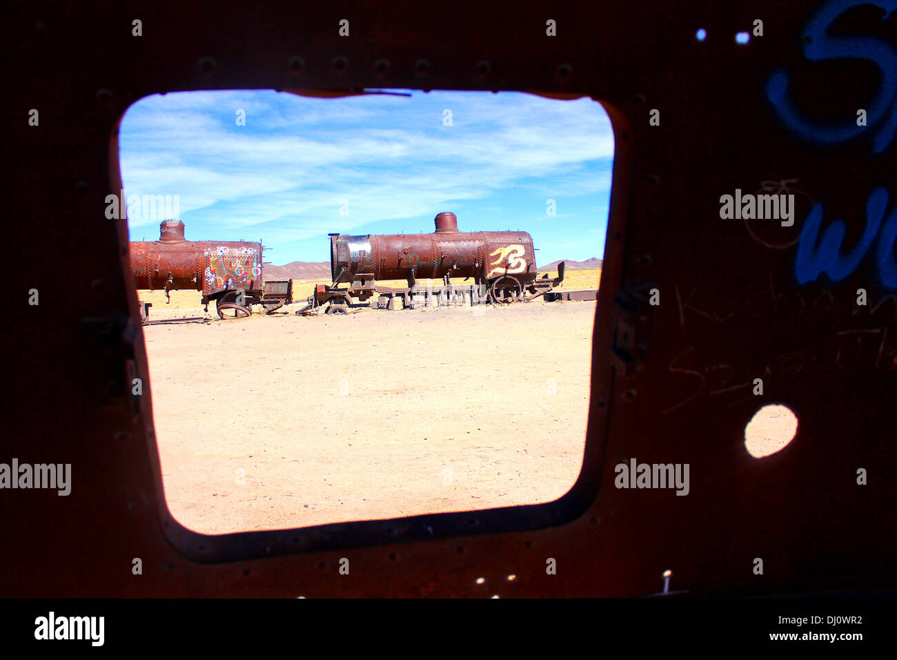 Zug und Bahn Friedhof in Uyuni, Bolivien Stockfoto