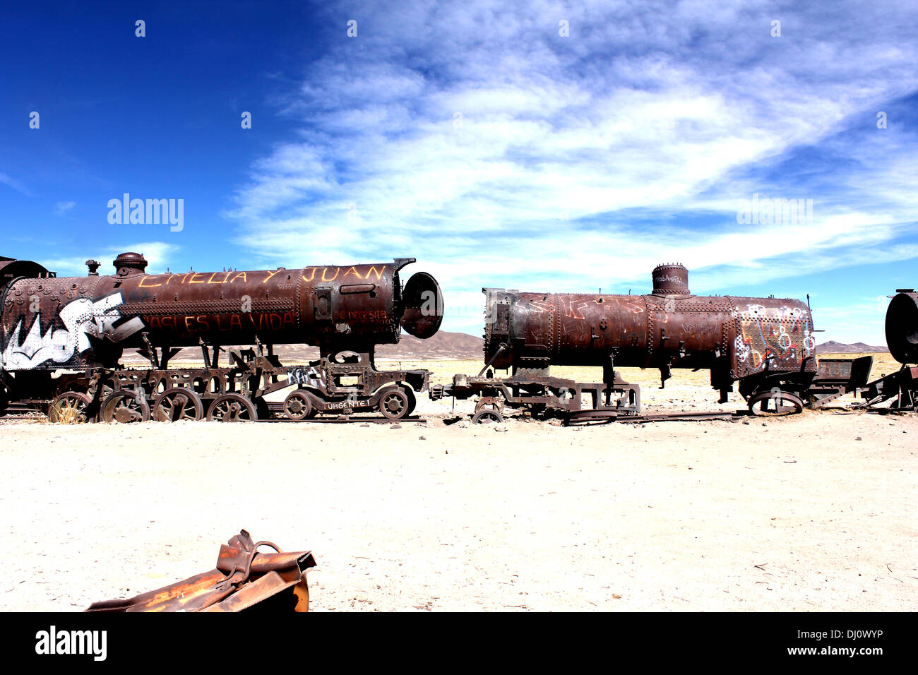 Zug und Bahn Friedhof in Uyuni, Bolivien Stockfoto