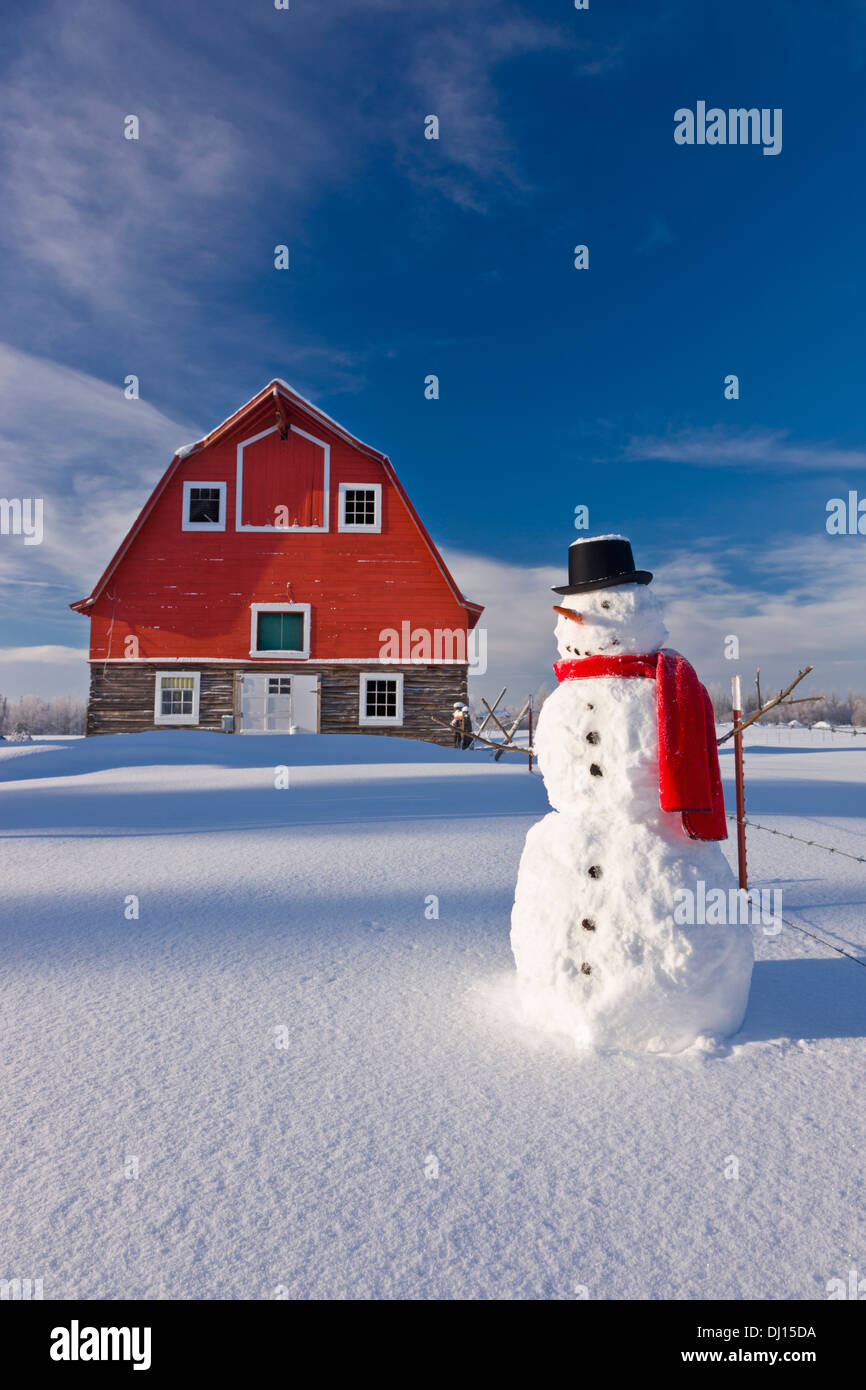 Schneemann mit rotem Schal und Hut, steht man vor einem Vintage rote Scheune im Winter; Palmer Alaska Usa Stockfoto