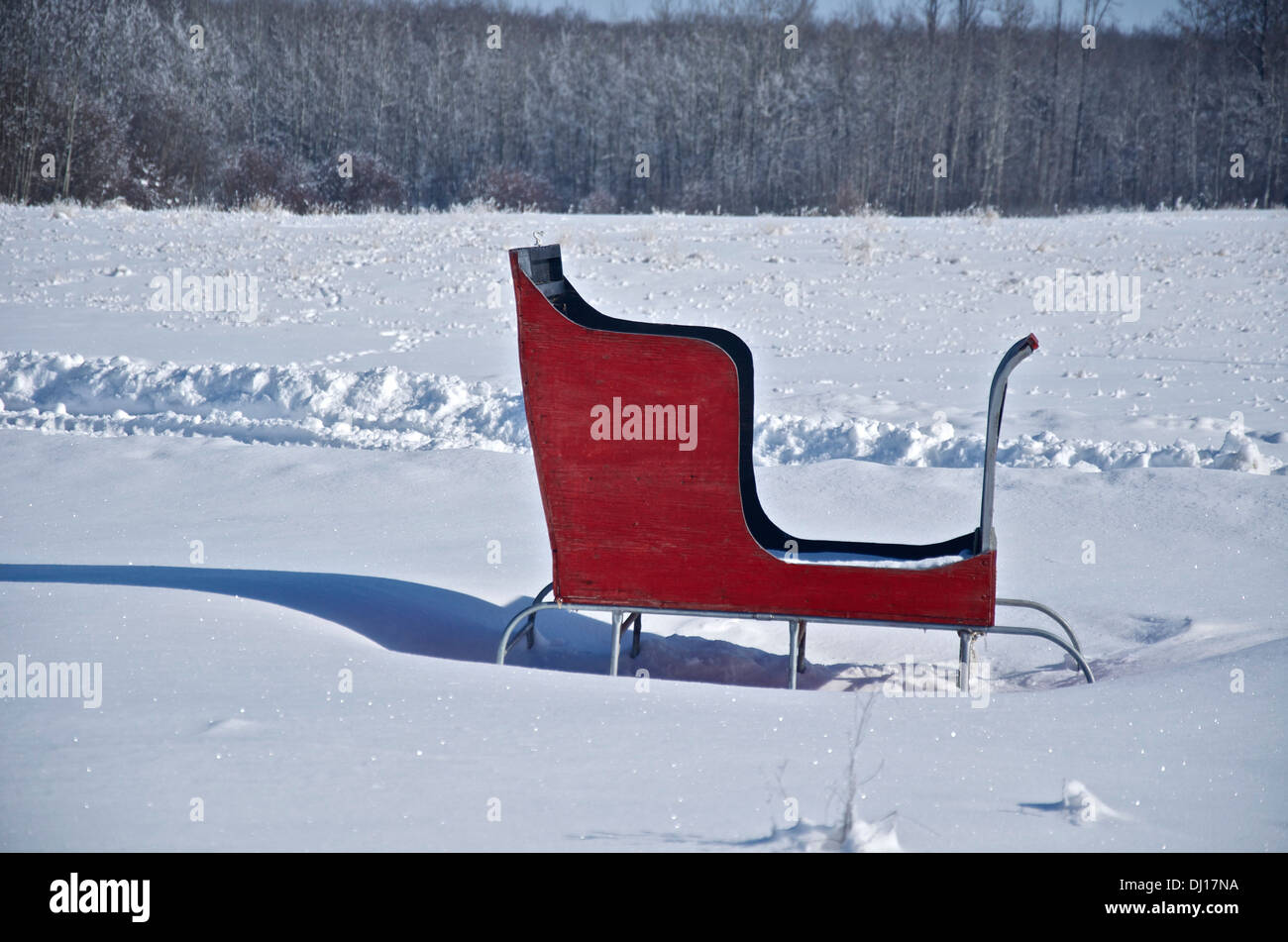 Ein rustikale Holz roter Schlitten hellt ein Feld von frisch gefallenem Schnee an einem sonnigen Wintertag. Stockfoto