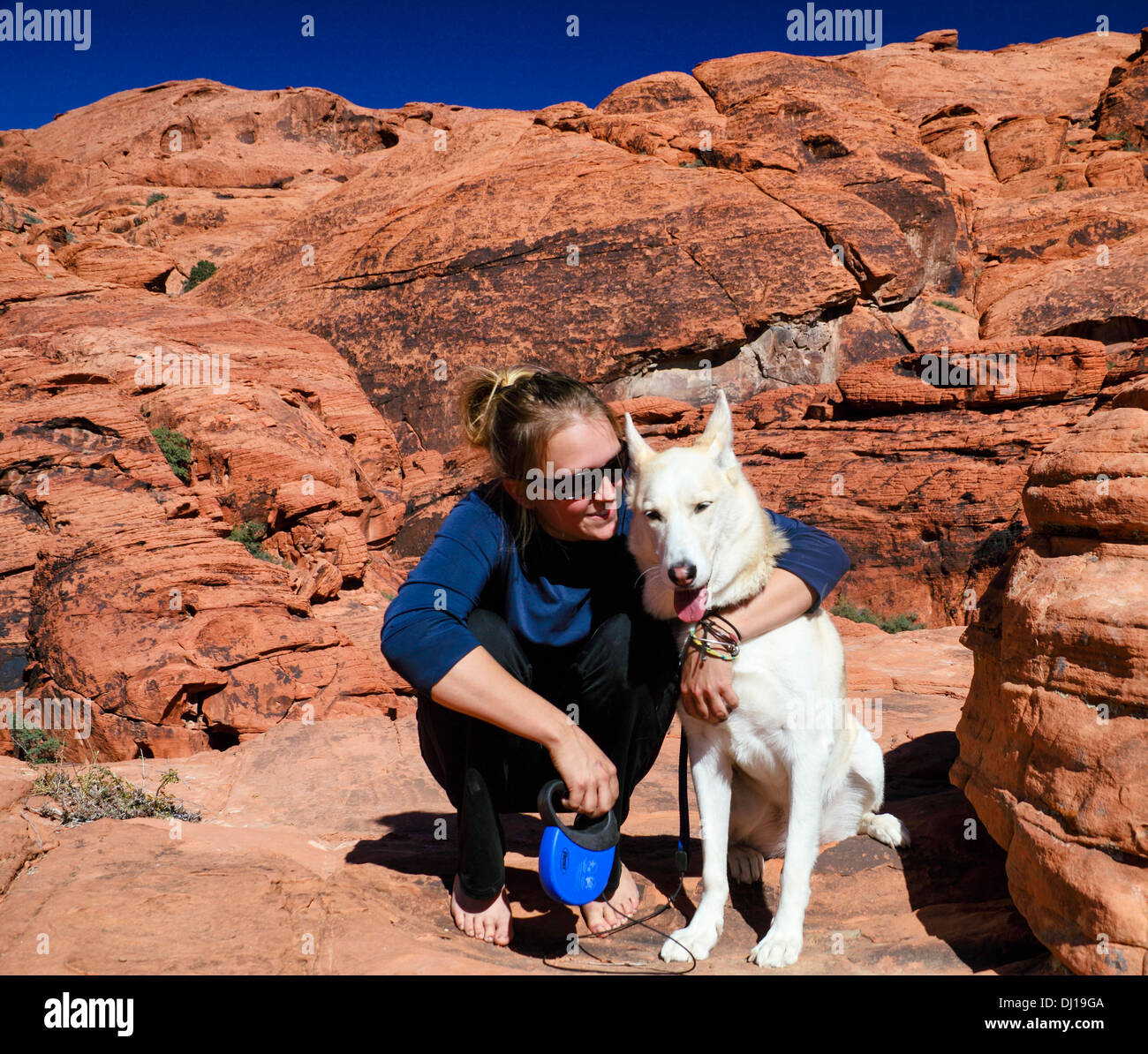 Junge Frau und Hund am Red Rock Canyon National Conservation Area, ungefähr 20 Meilen von Las Vegas Stockfoto