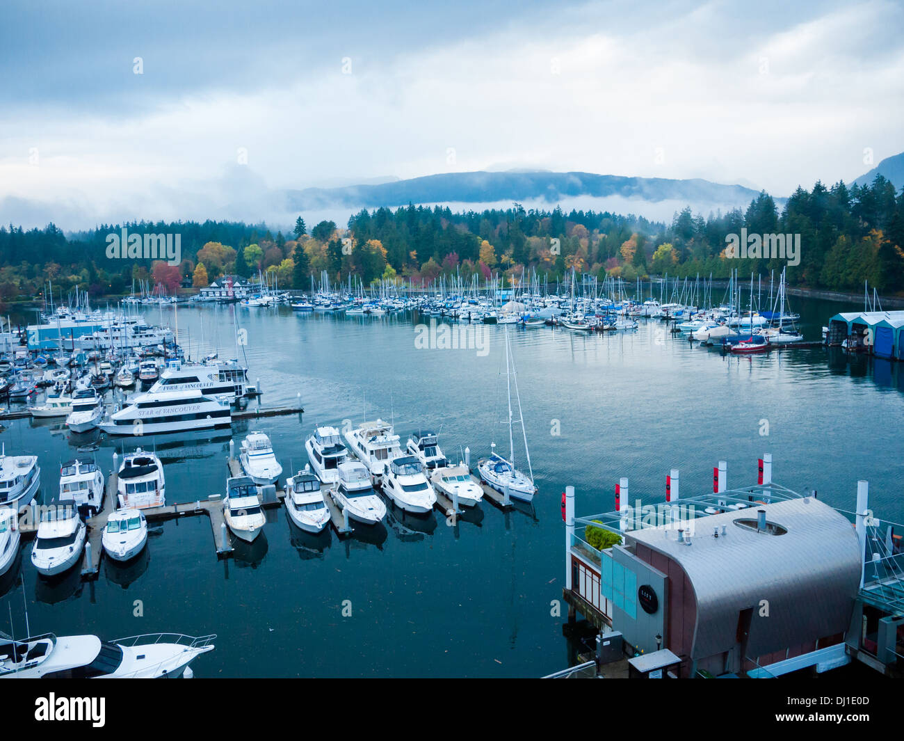Eine Luftaufnahme von Coal Harbour in Vancouver, British Columbia, Kanada.  Der Stanley Park liegt in der Ferne. Stockfoto