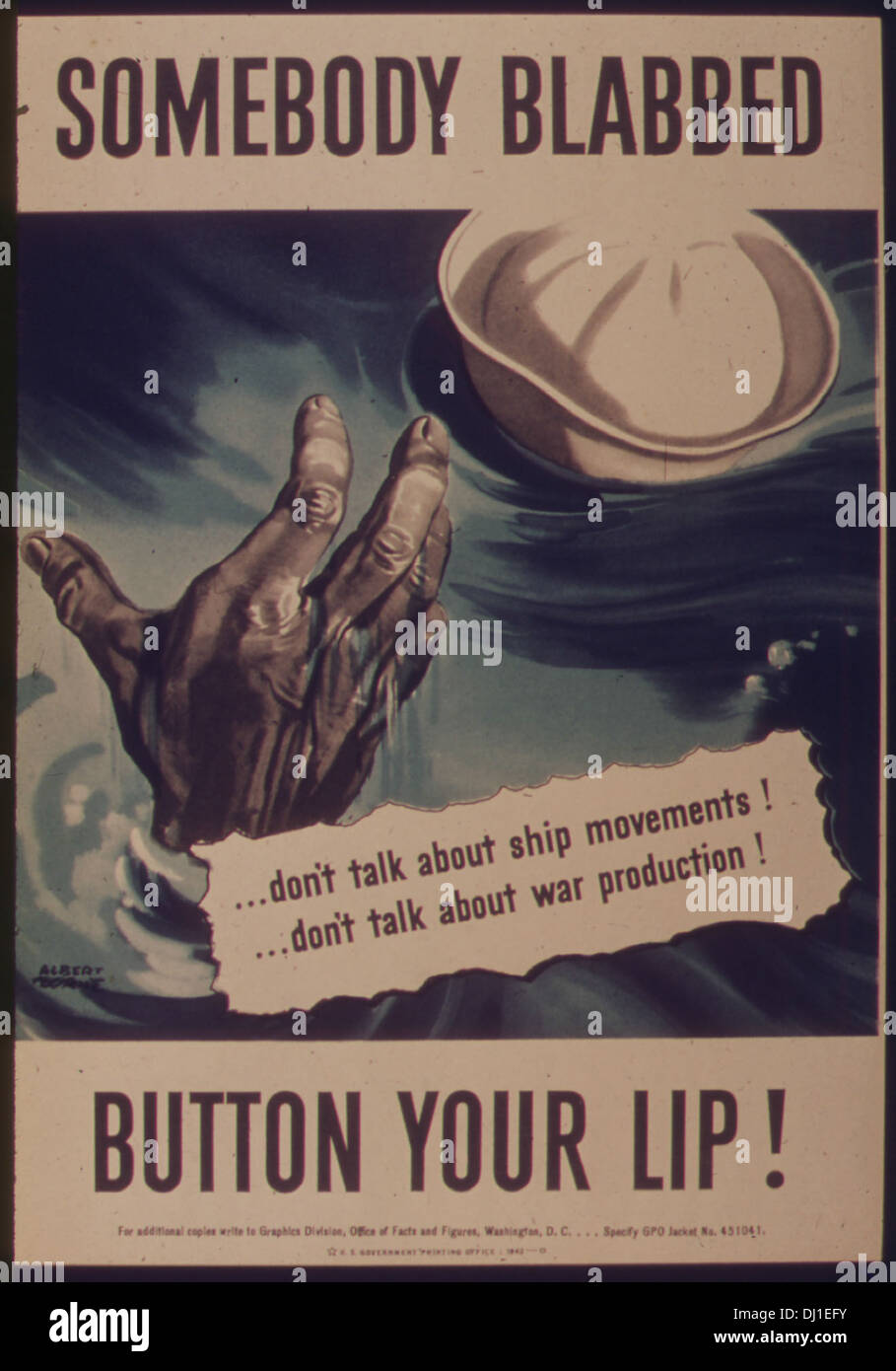 Ein Propagandaposter aus dem Zweiten Weltkrieg, in dem die Amerikaner aufgefordert werden, über sensible Informationen Schweigen zu halten. Sie betont die Bedeutung von Geheimhaltung in Kriegszeiten und schreckt unvorsichtiges Reden ab, indem sie innerstaatliche Bemühungen wie Kriegsproduktion und Siegesgärten fördert. Die Botschaft ermutigt zur Unterstützung der alliierten Sache und zum Kampf gegen Achsenmächte. Stockfoto
