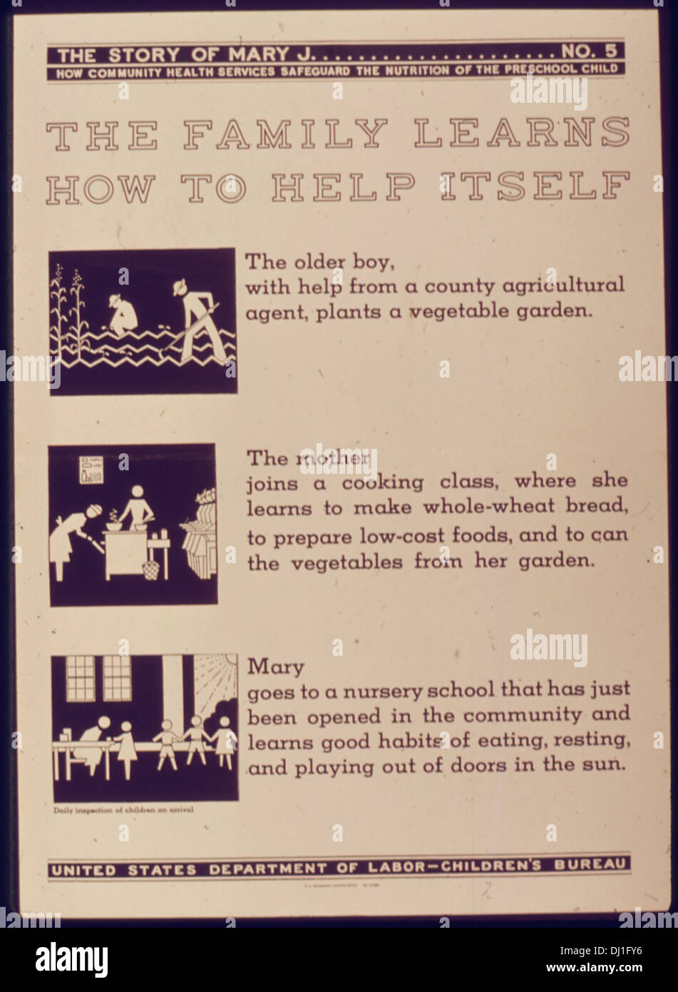 Dieses Propagandaplakat aus dem Zweiten Weltkrieg hebt die Rolle der Gesundheitsdienste in der Gemeinde bei der Sicherung der Ernährung und des Wohlbefindens von Vorschulkindern hervor und betont die Bedeutung der öffentlichen Gesundheit für die Kriegsanstrengungen. Stockfoto