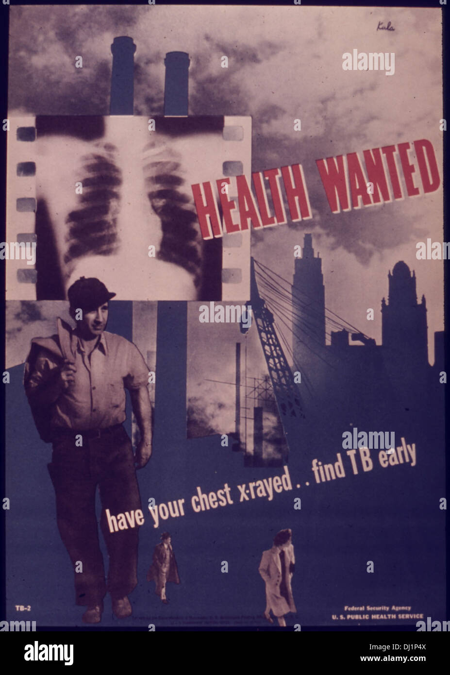 Dieses Poster aus dem Zweiten Weltkrieg fördert die Früherkennung von Tuberkulose (TB) durch Röntgenaufnahmen der Brust und ermutigt die Bürger, sich an Gesundheitsinitiativen zu beteiligen, die die Ausbreitung der Krankheit während des Krieges verhindern sollen. Stockfoto