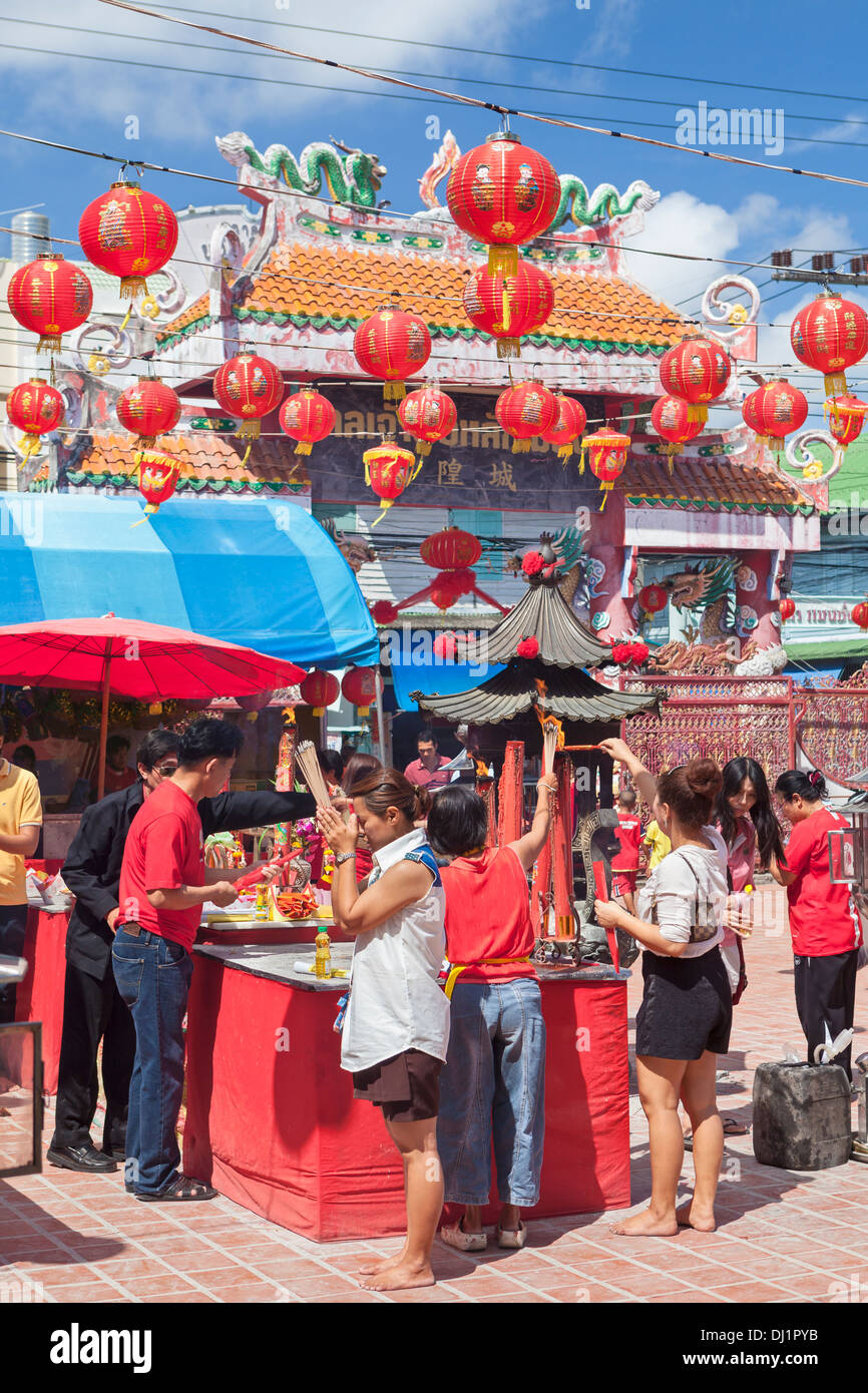 Chinesische Neujahr gefeiert an der Stadt-Säule-Schrein, Songkhla, Thailand Stockfoto