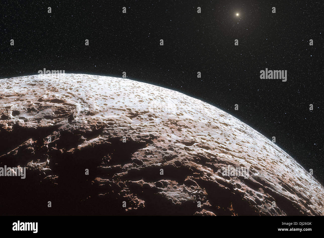 Diese künstlerische Darstellung zeigt die Oberfläche des entfernten Zwergplaneten Makemake. Es ist etwa zwei Drittel der Größe von Pluto Stockfoto