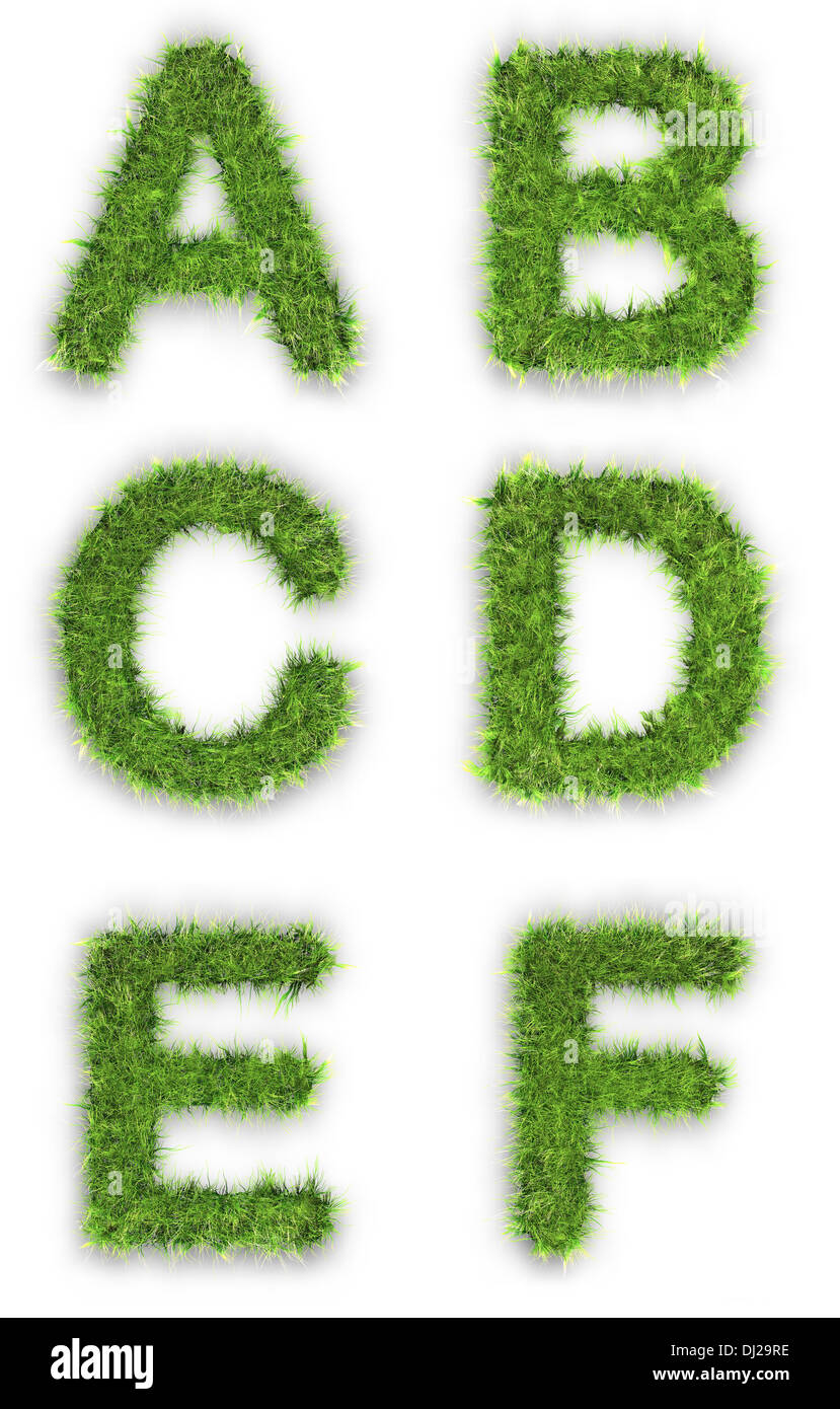 Buchstaben A, B, C, D, E, F gemacht von grünem Rasen isoliert auf weiss Stockfoto