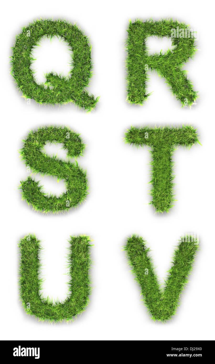 Buchstaben Q, R, S, T, U, V, gemacht von grünem Rasen isoliert auf weiss Stockfoto