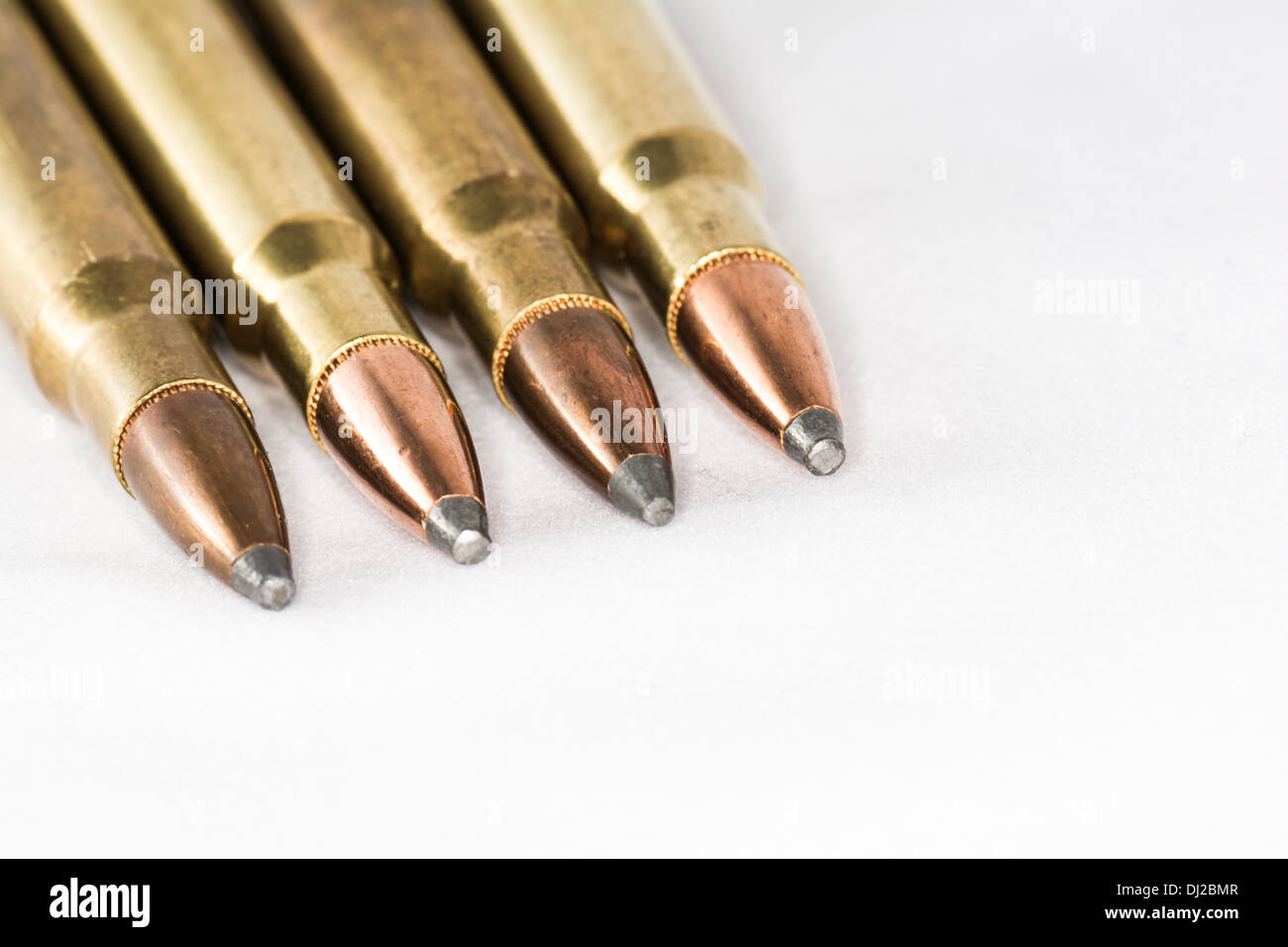Tipps von ein paar Gewehrkugeln aufgereiht hintereinander auf weißem Hintergrund Stockfoto