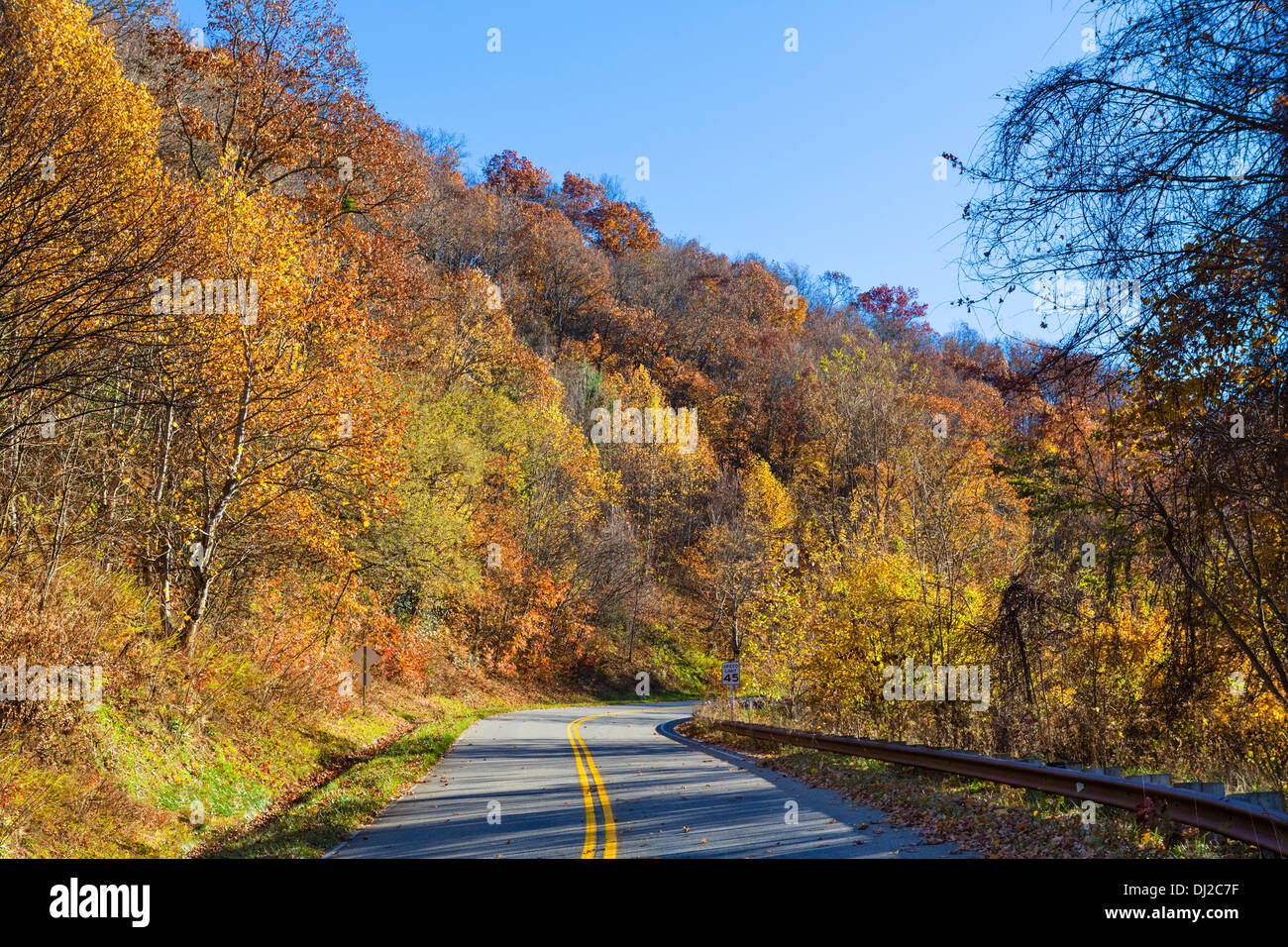 Herbstfarben auf dem Cherohala Skyway südlich des Great Smoky Mountains National Park, North Carolina, USA Stockfoto