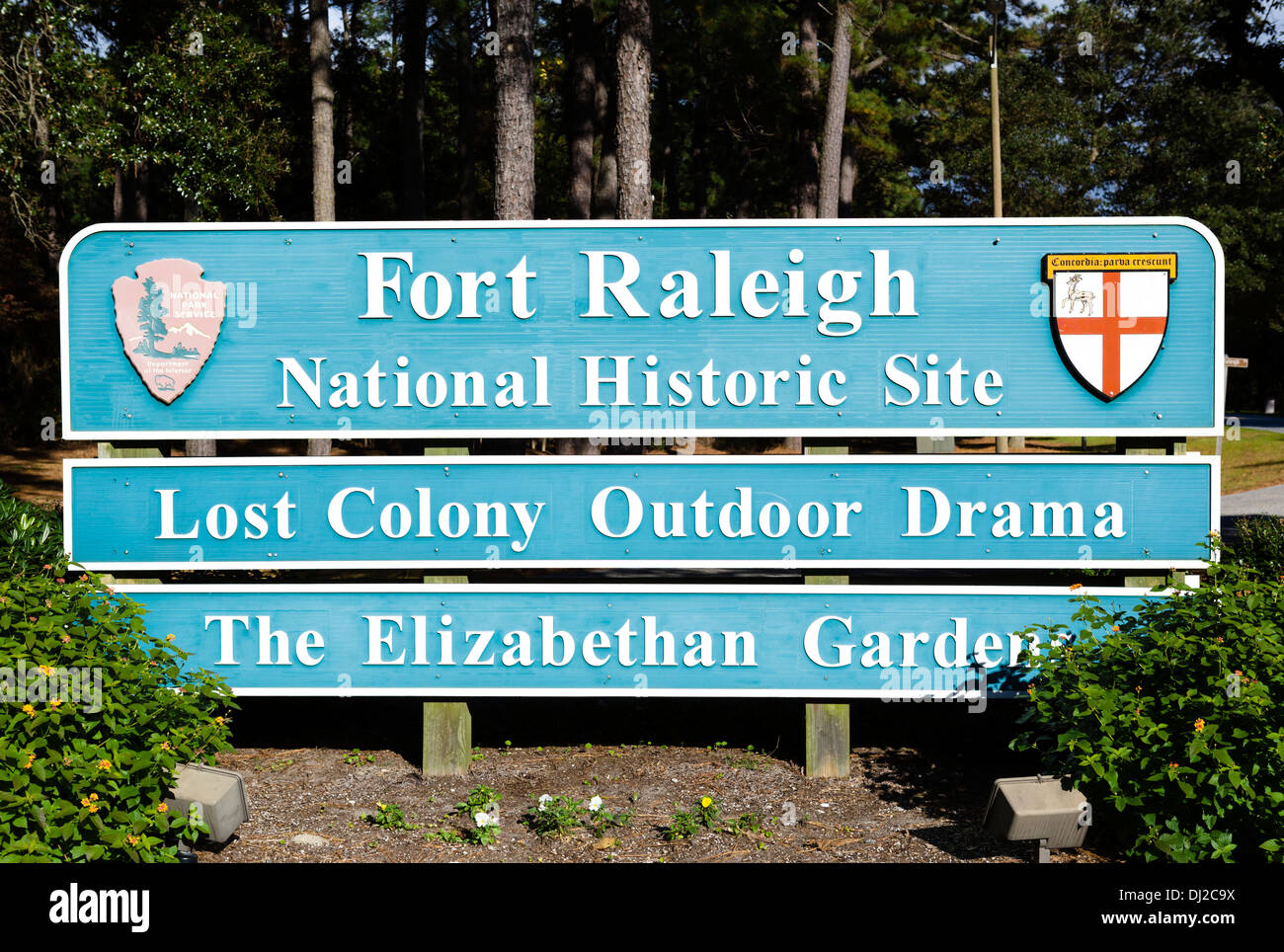Ortseingangsschild Fort Raleigh National Historic Site, Roanoke Island, North Carolina, USA Stockfoto
