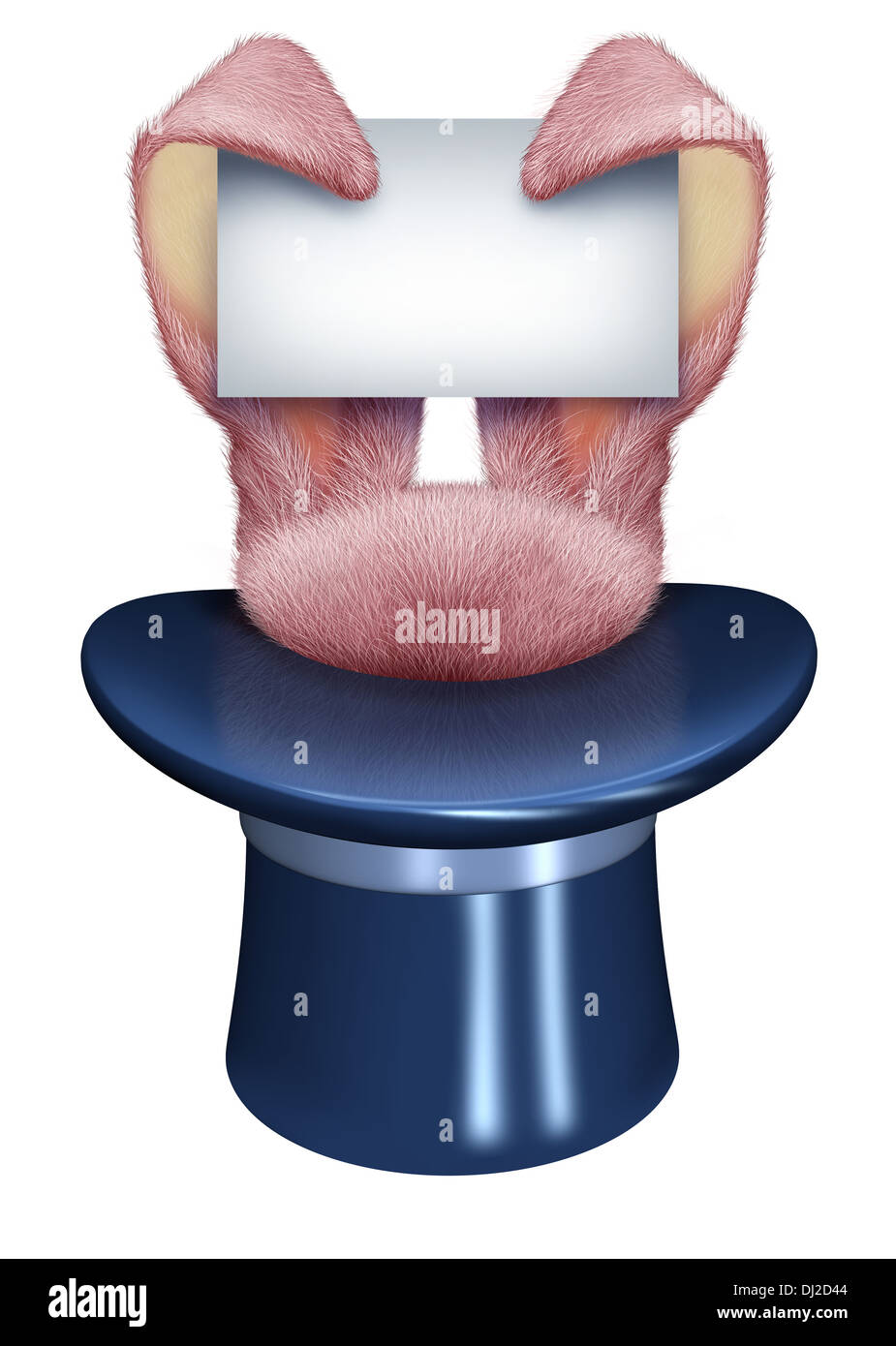 Zauberhut Hase Zeichen Konzept mit rosa Hasenohren hielt eine leere Karte für Texte, die aus einer alten Mode Zylinderhut als Stockfoto