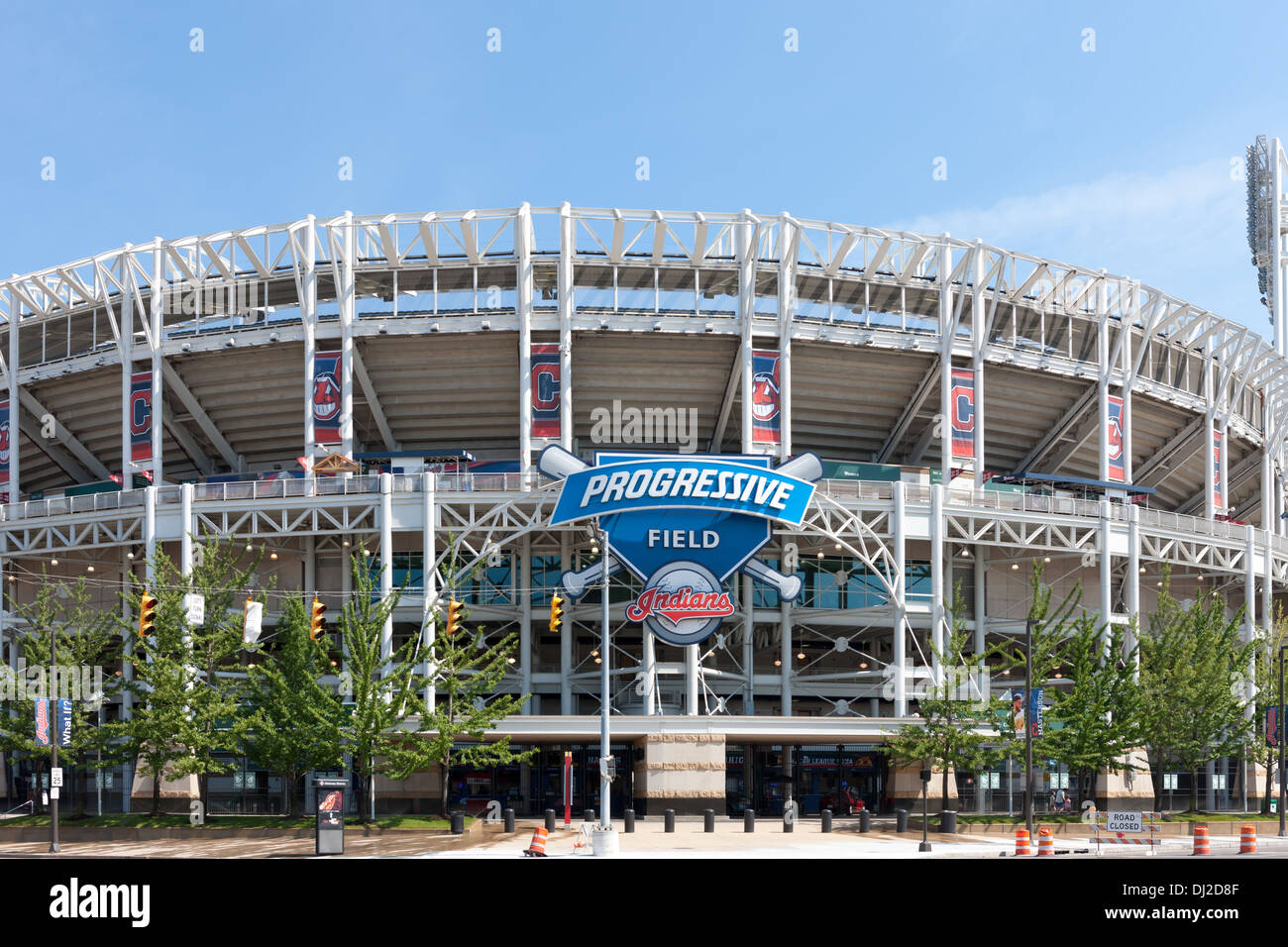 Ein Blick auf Progressive Field, der Heimat von den Cleveland Indians aus Ontario Street in Cleveland, Ohio. Stockfoto