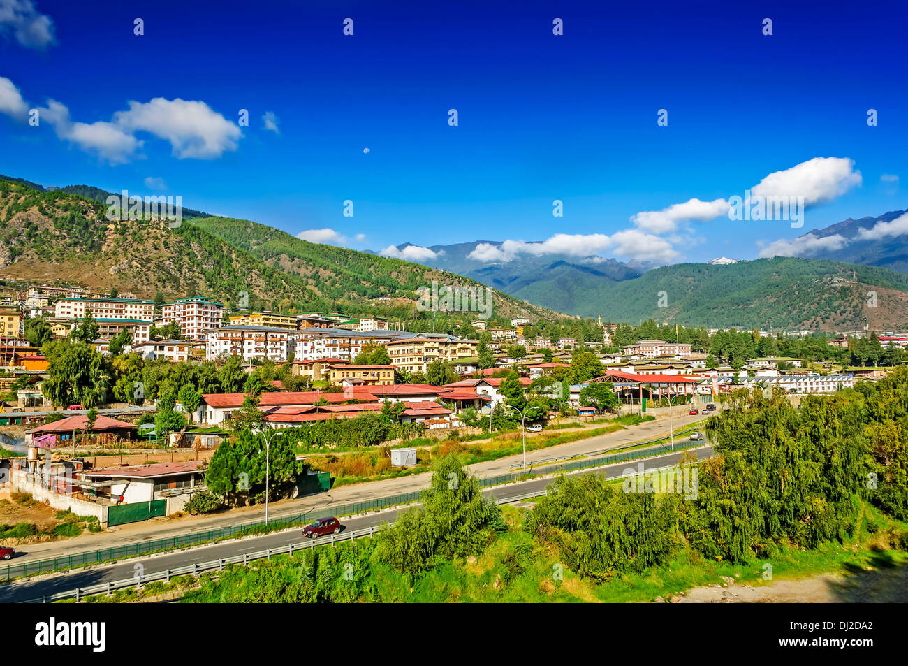 Ansicht von Thimphu, Thimpu Stadt und Hauptstadt von Bhutan ist Umgebung Stockfoto