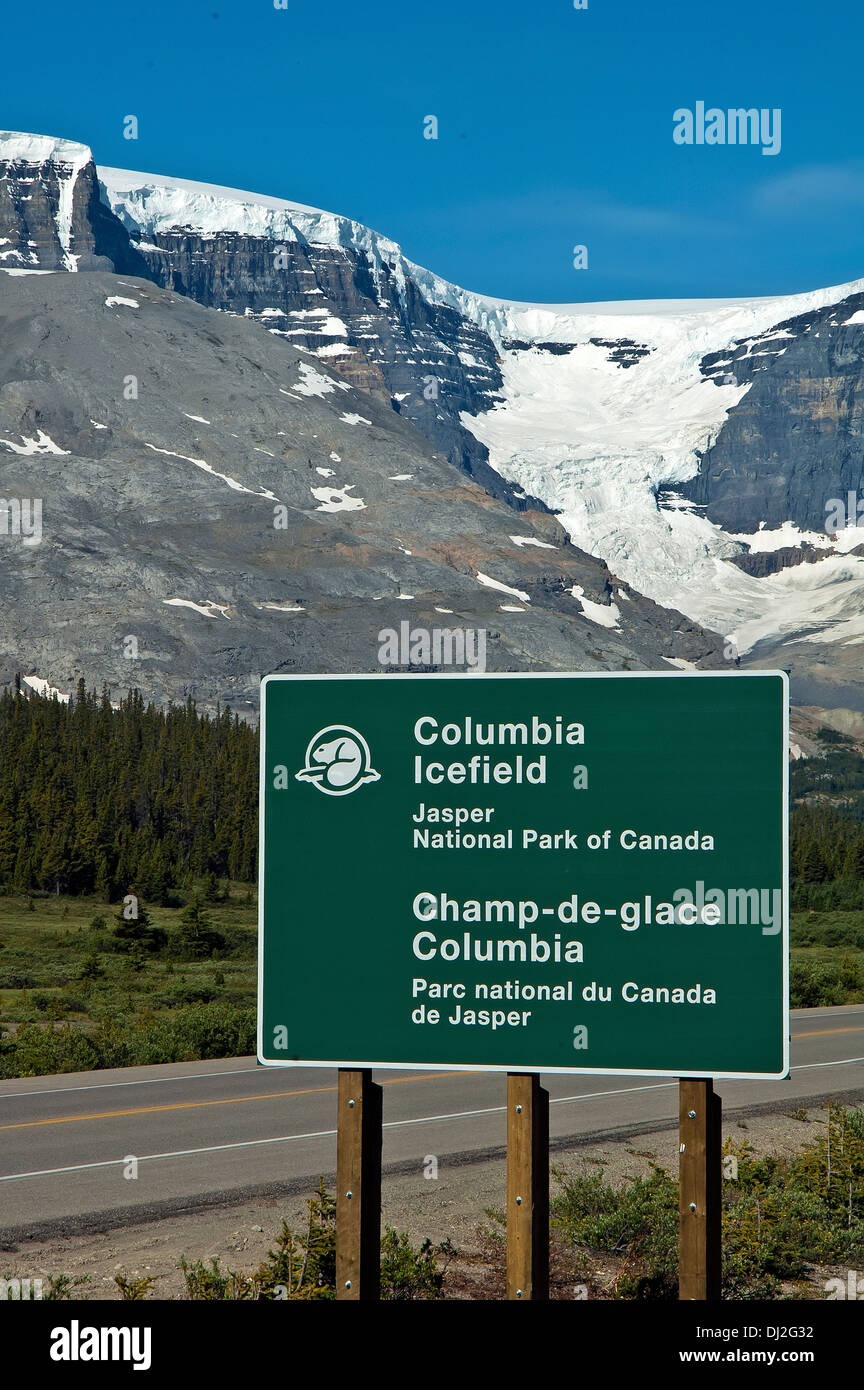 Columbia Icefield Zeichen Alberta, Kanada Stockfoto