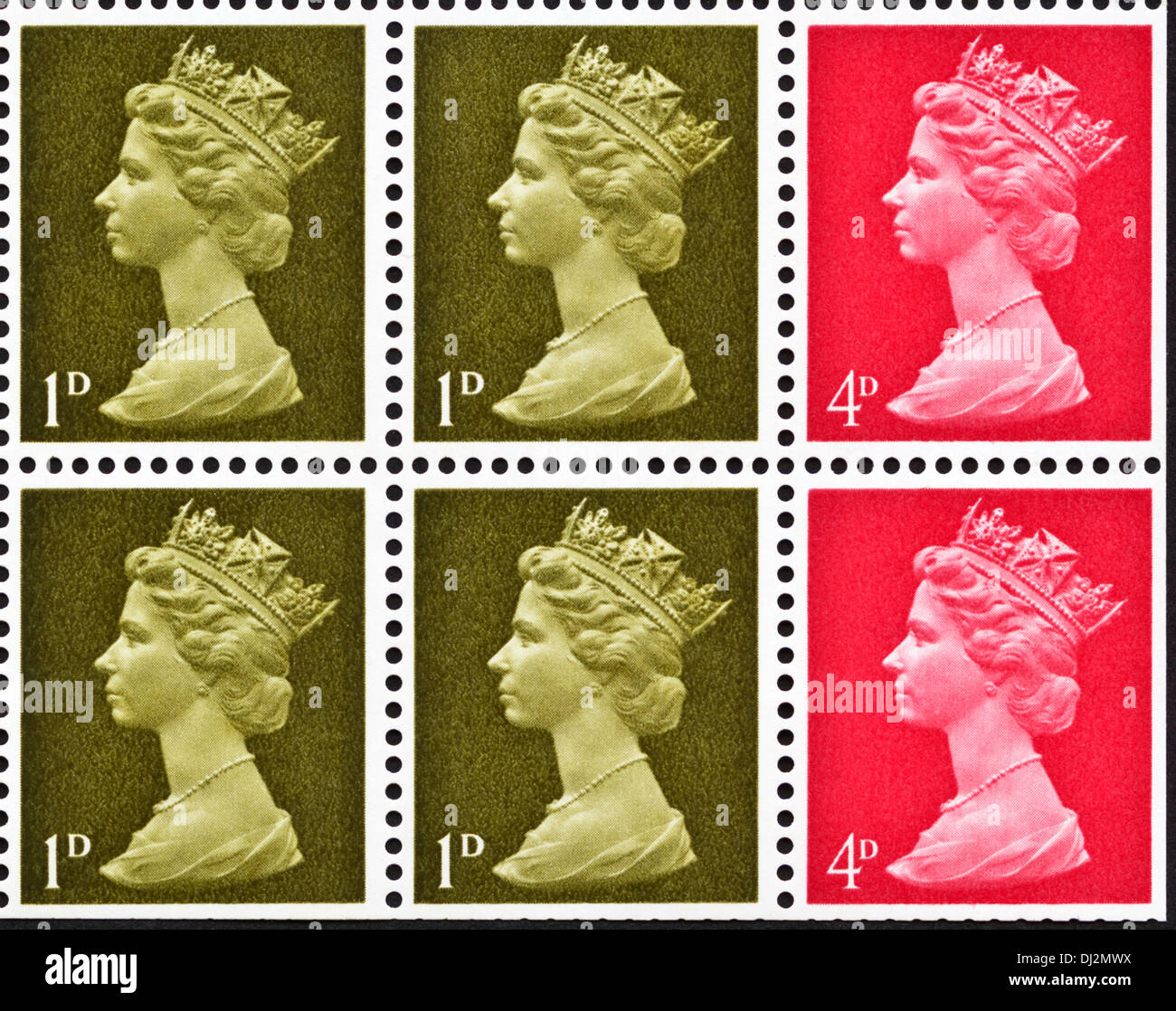 Königin Elizabeth II Briefmarke UK 1D & 4D endgültige Ausgabe von Buch von Briefmarken vom 1969 Stockfoto