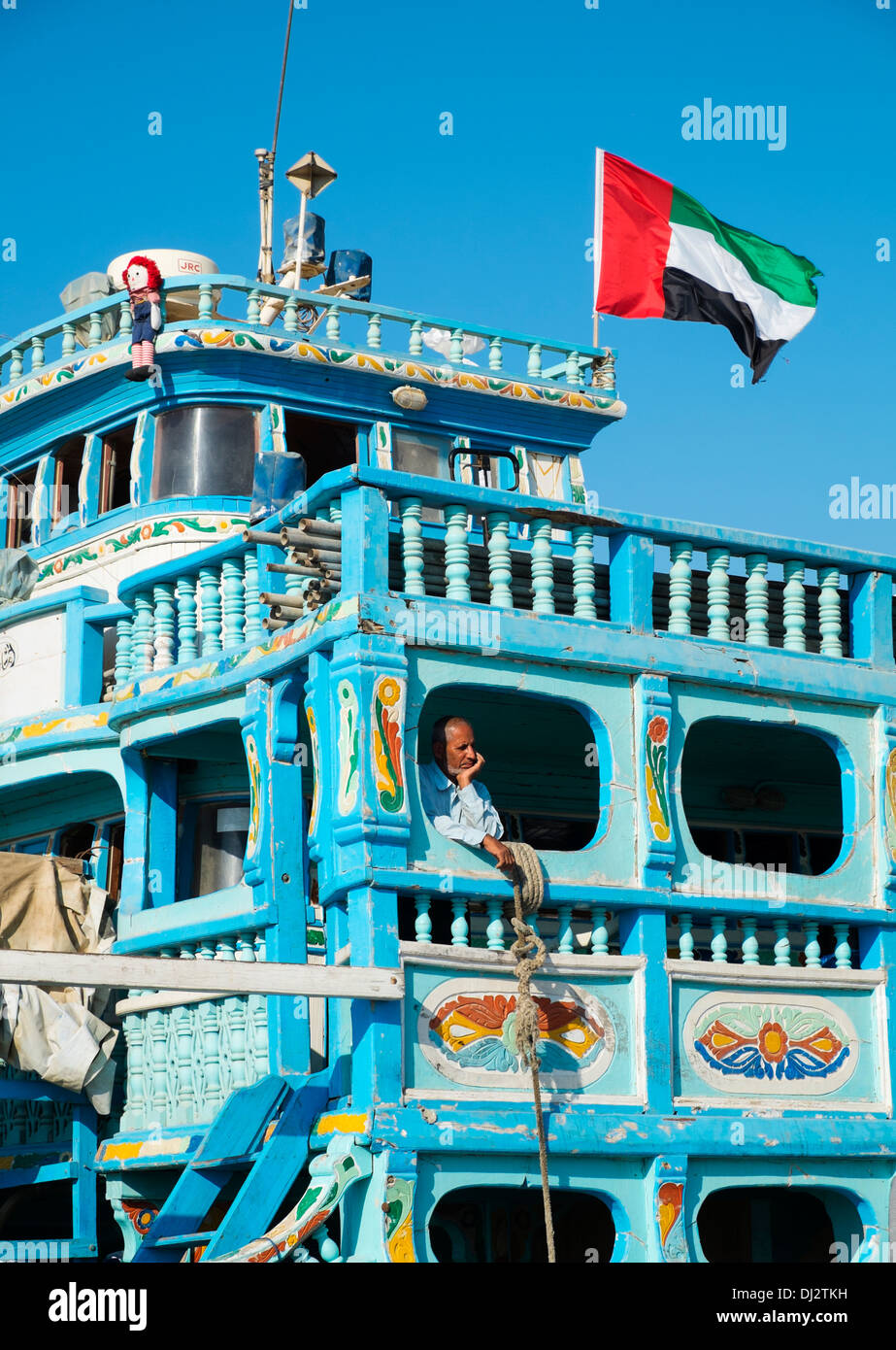 Traditionelle Fracht Dhau bei Cargo wharf auf The Creek in Dubai Vereinigte Arabische Emirate Stockfoto
