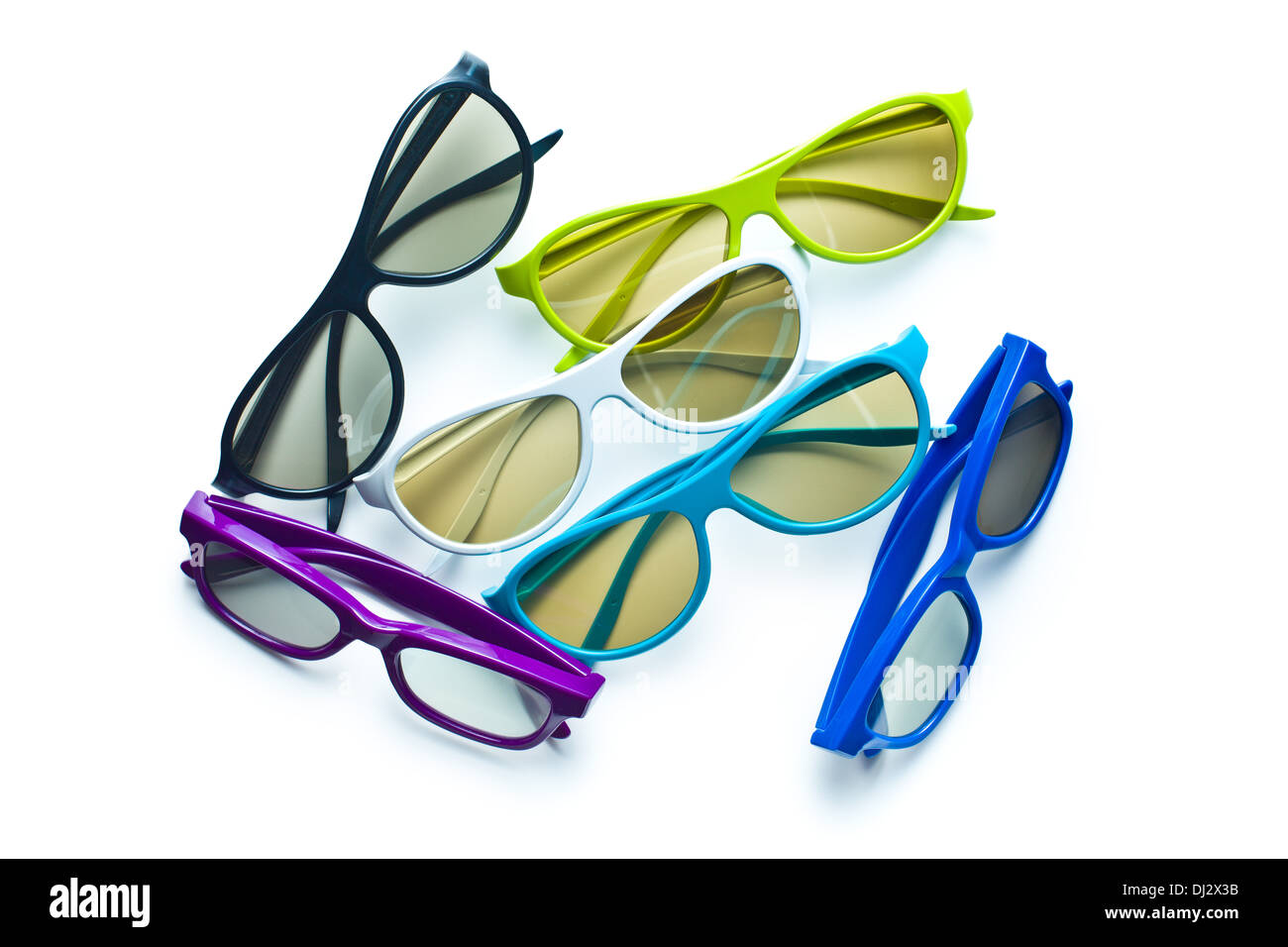 3D-Brille mit verschiedenen bunten Bildern auf weißem Hintergrund Stockfoto