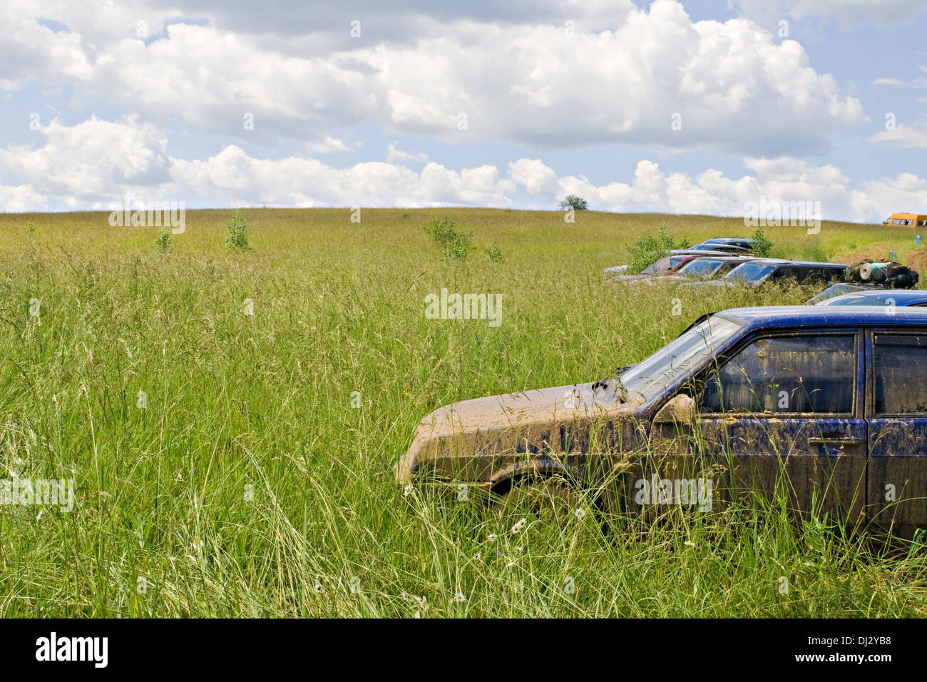 Einem schmutzigen Auto stehend in einem grünen Feld Stockfoto