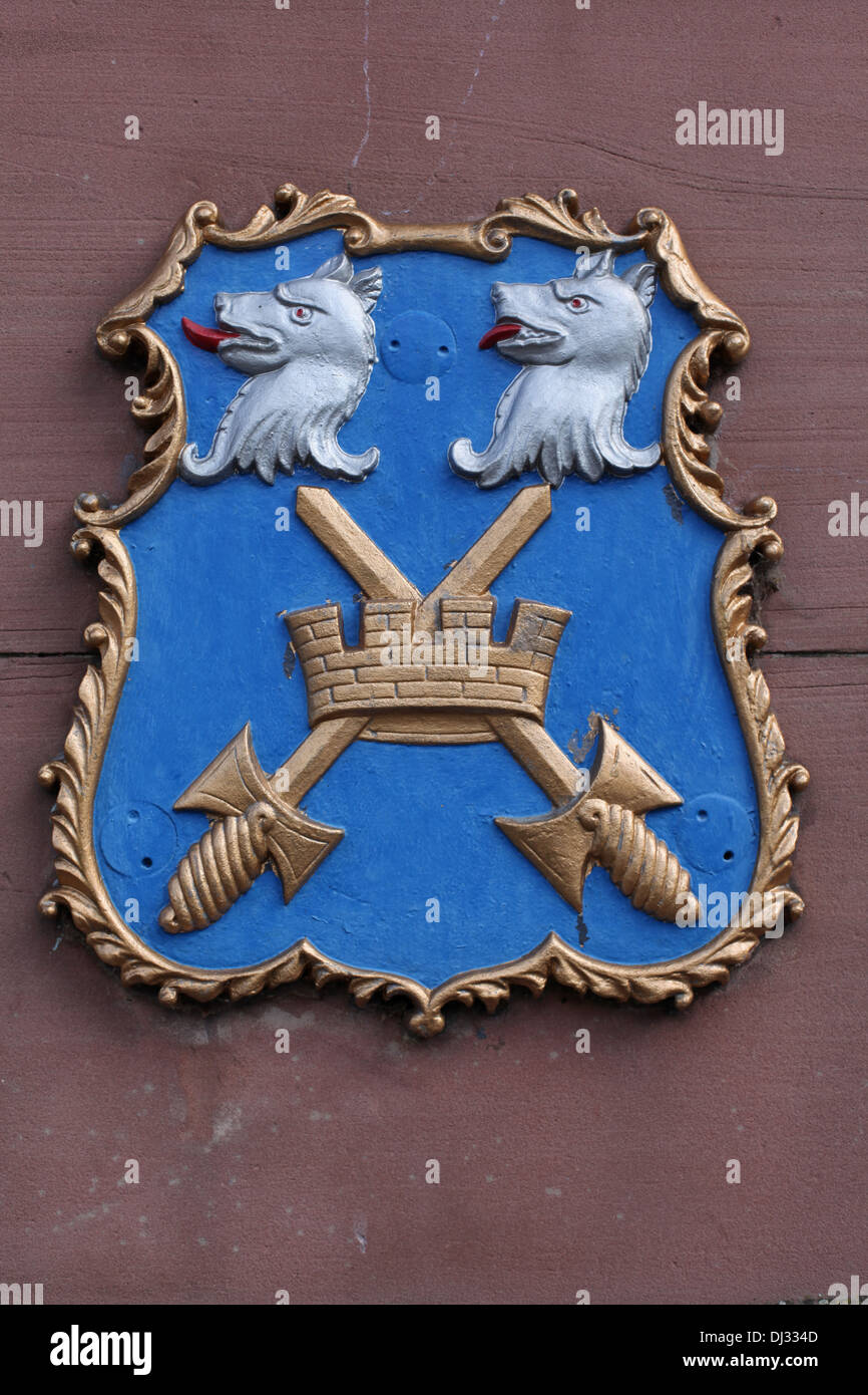 Plaque gekreuzte Schwerter Löwen leitet dekorative Plakette Emblem aus Gusseisen plaque Stockfoto