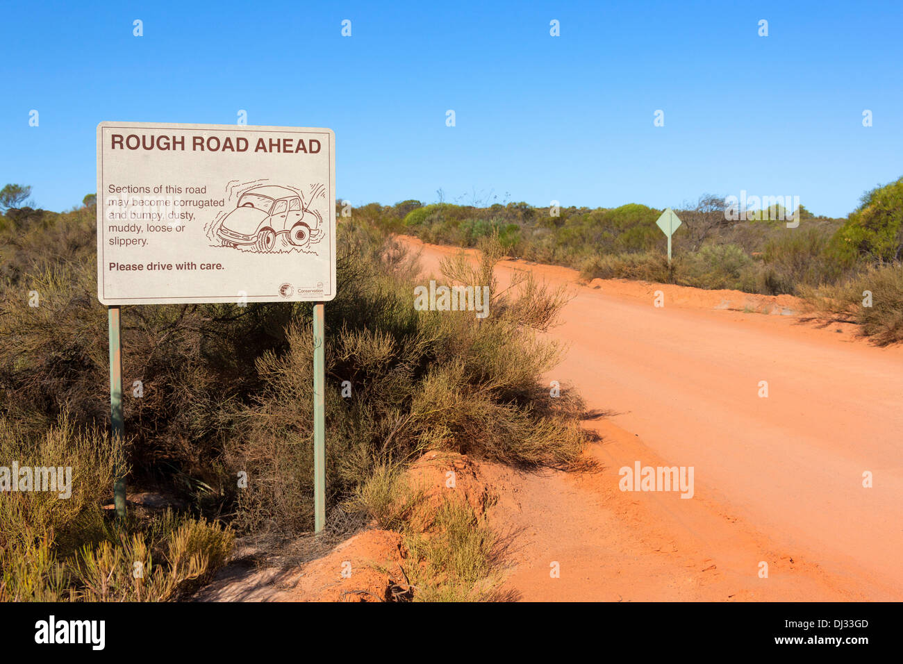 Rauhe Straße Warnschild, Kalbarri National Park, Murchison Western Australia Stockfoto