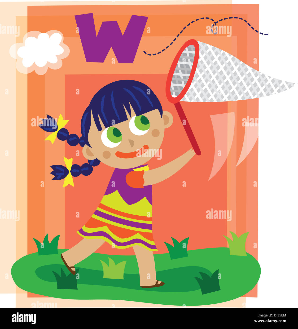 Illustration der Buchstabe W mit Schmetterlingsnetz fangen Mädchen Stockfoto