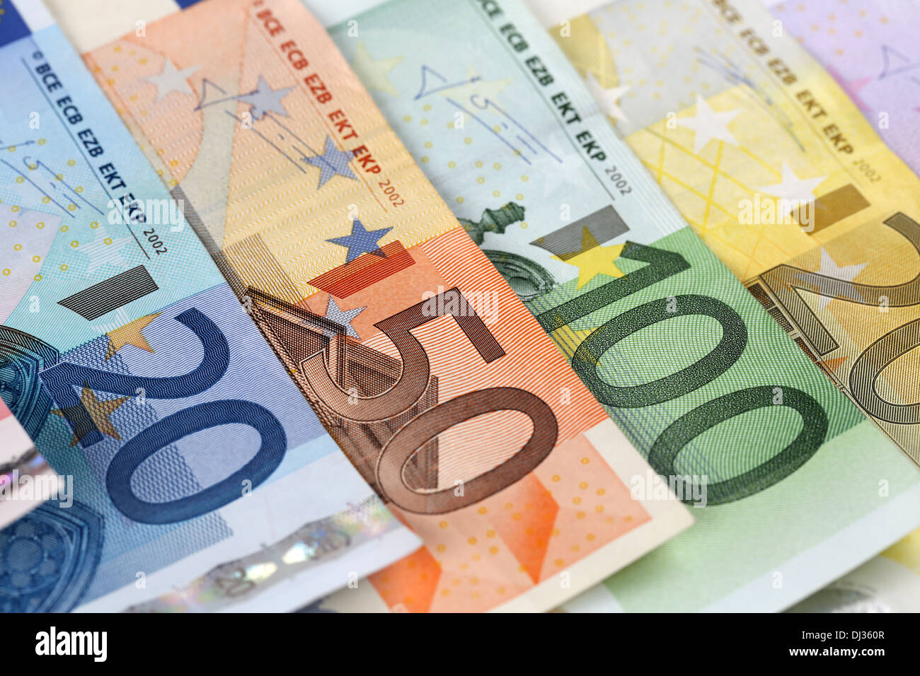 Alle Euro-Banknoten von der EU-Währung Stockfoto