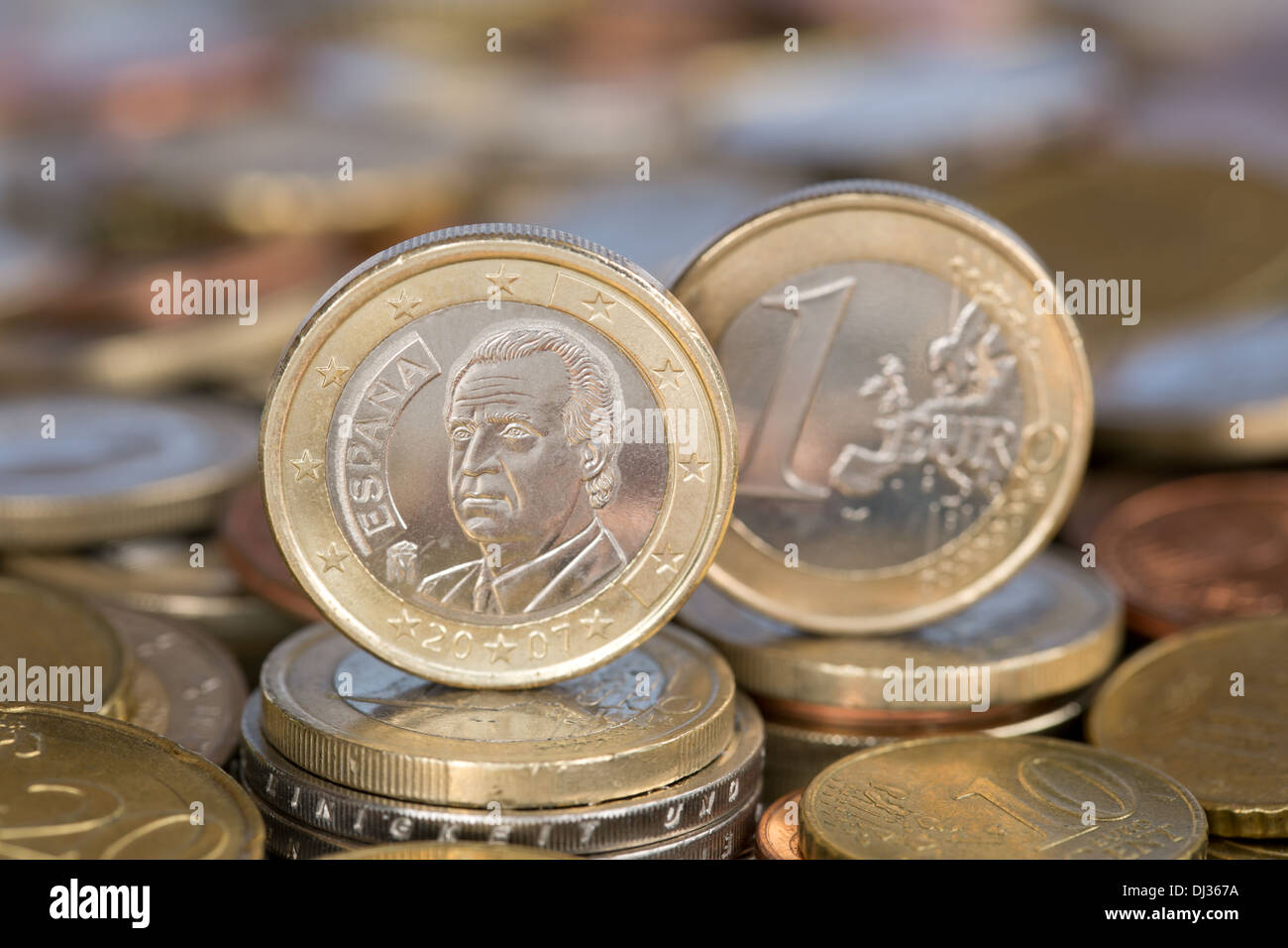 Ein ein-Euro-Münze aus den EU-Mitgliedstaaten Land Spanien mit König Juan Carlos Stockfoto